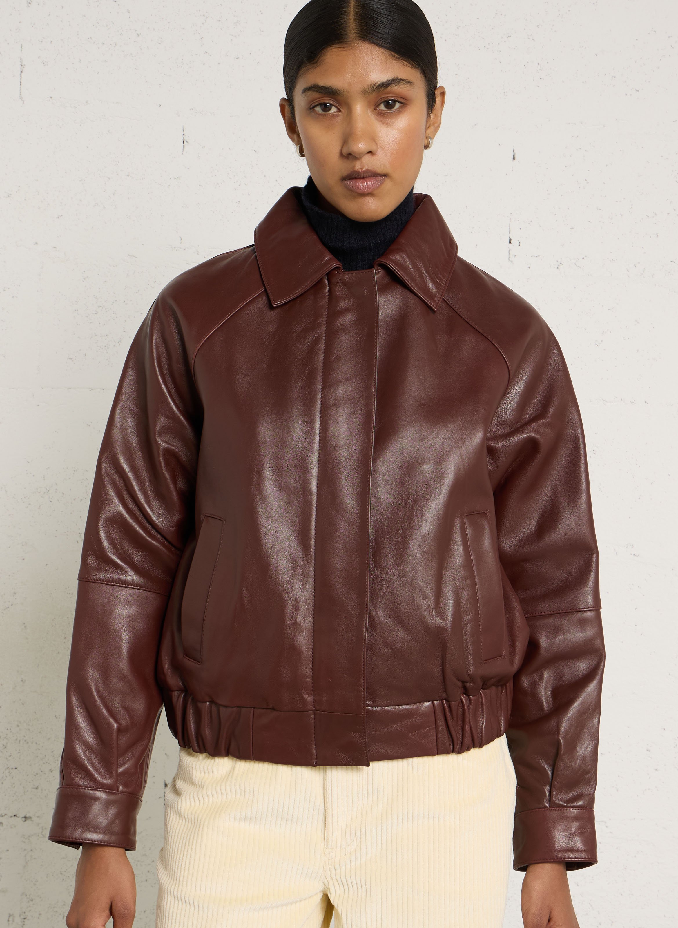 Veste droite unie en cuir MAISON 123 Marron