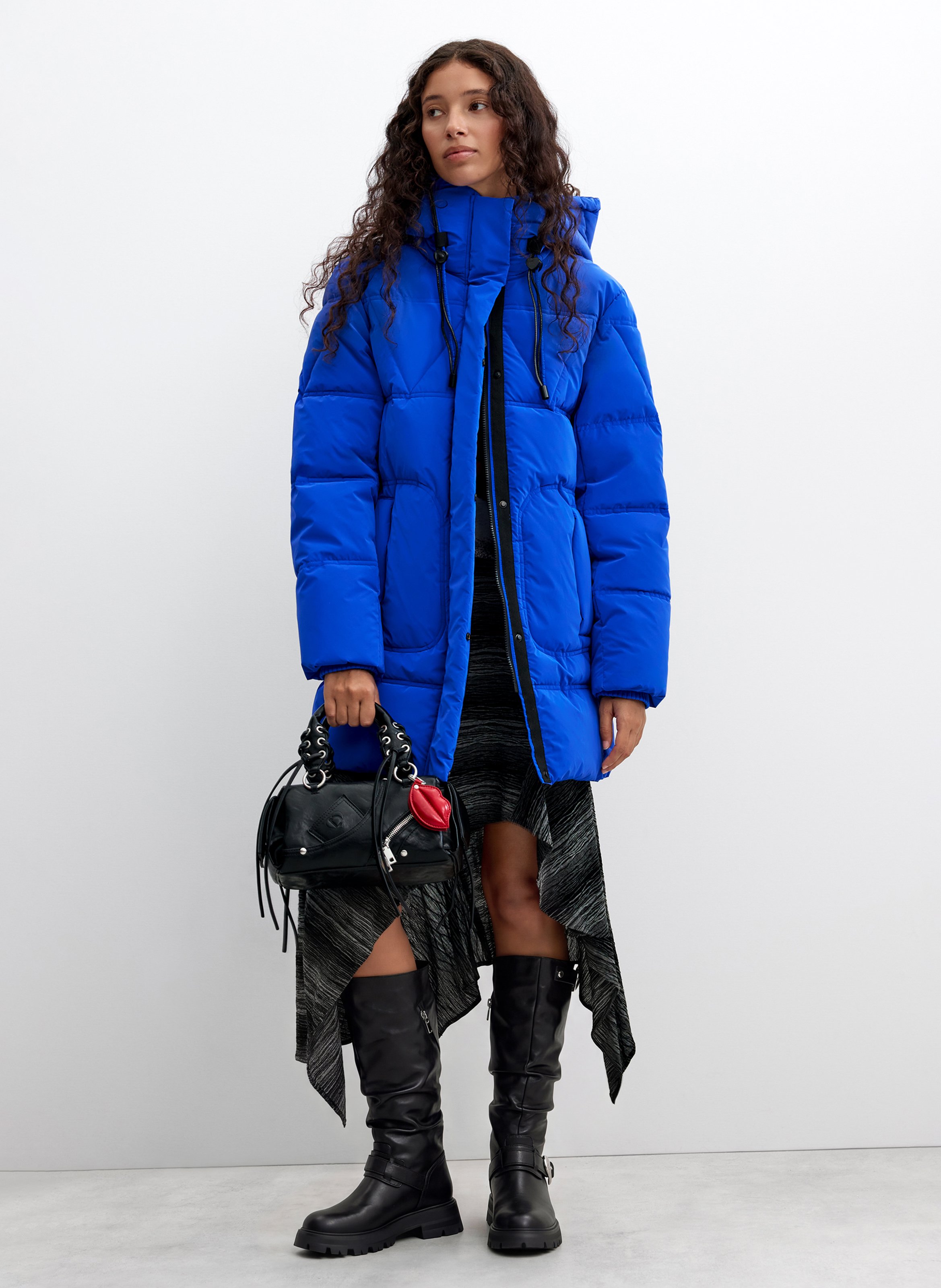 Plain mid-length hooded puffer jacket DESIGUAL Blue
