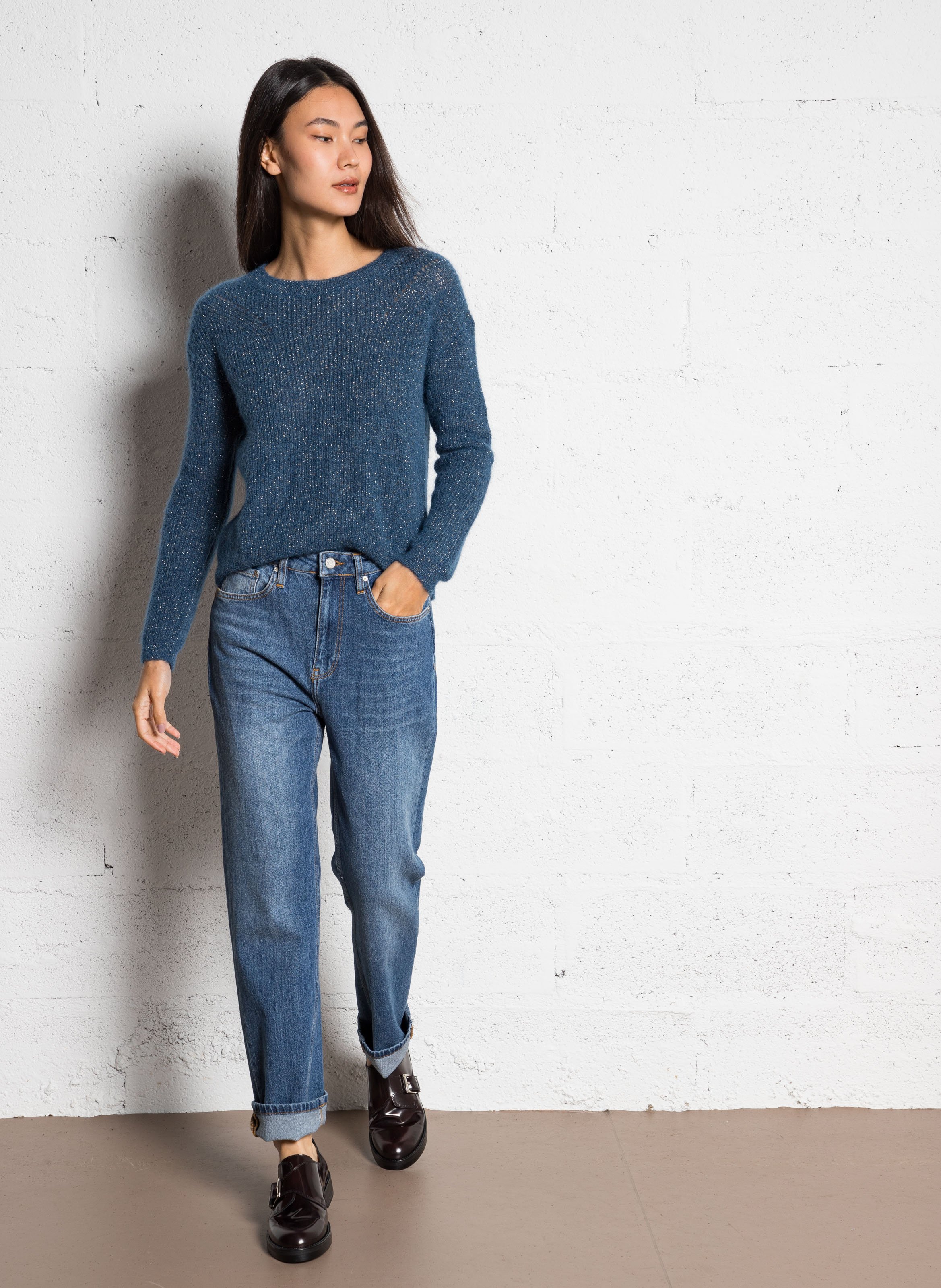 Pull ample col rond en maille métallisée  SUD EXPRESS Bleu