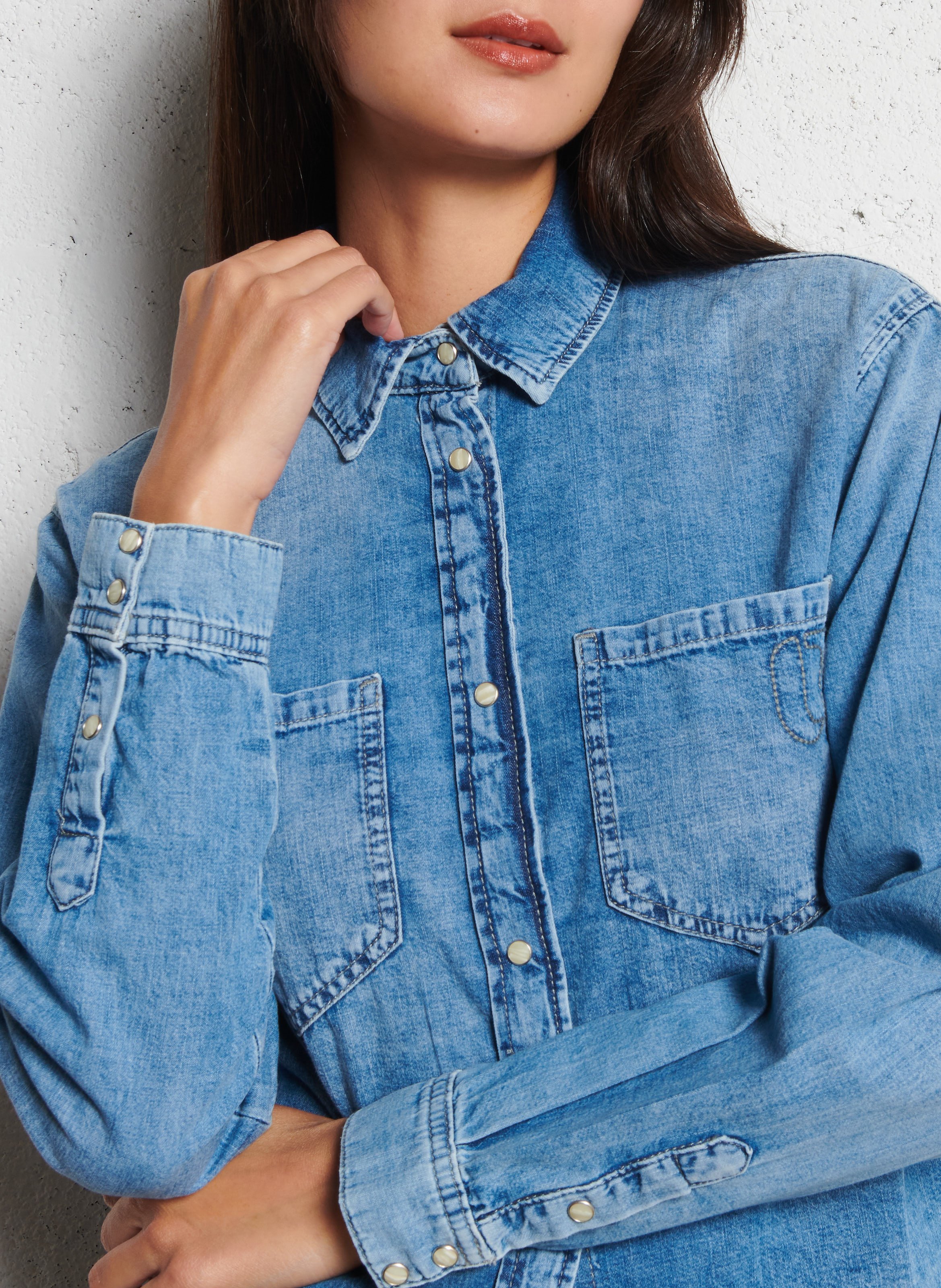 Chemise courte boutonnée en denim LE TEMPS DES CERISES Bleu