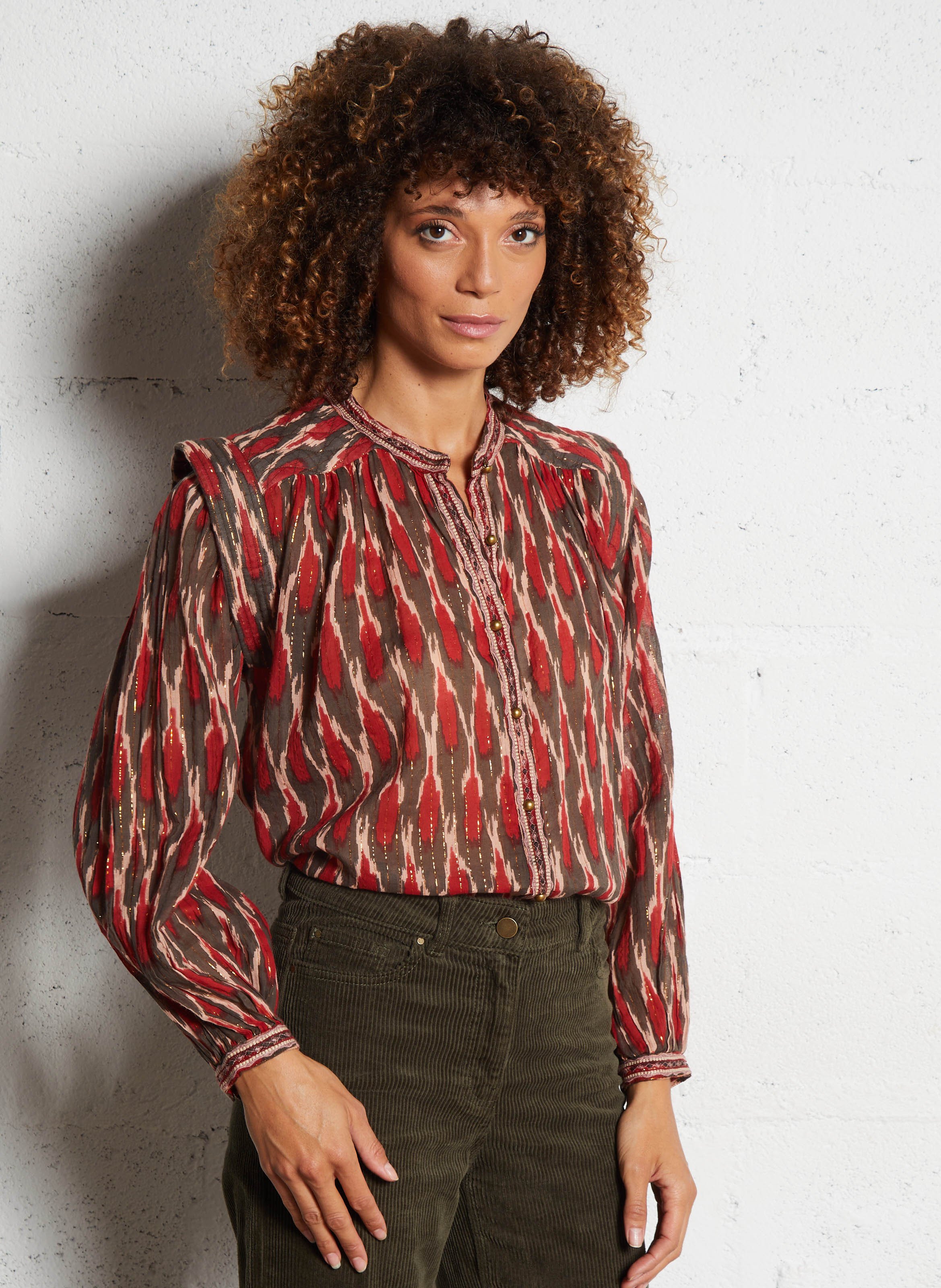 Round-neck printed cotton-blend blouse MAISON HOTEL Red