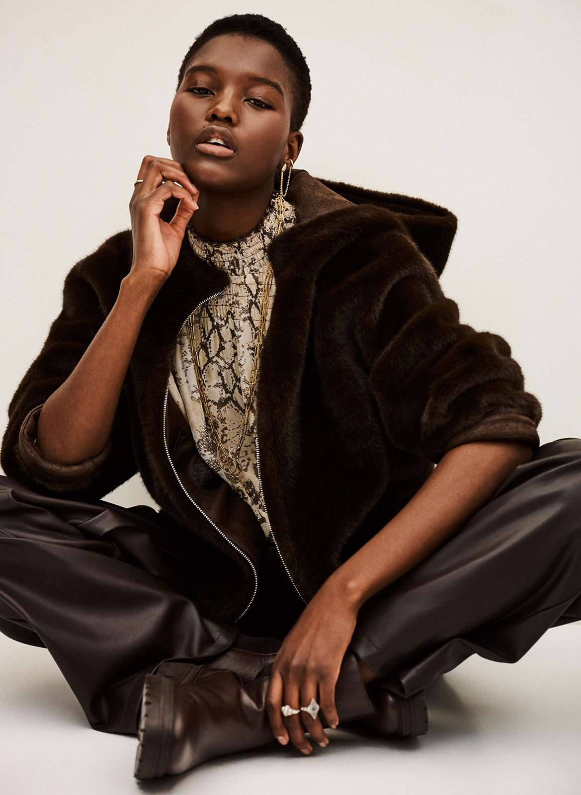 Straight coat with high synthetic fur collar BA&SH Brown