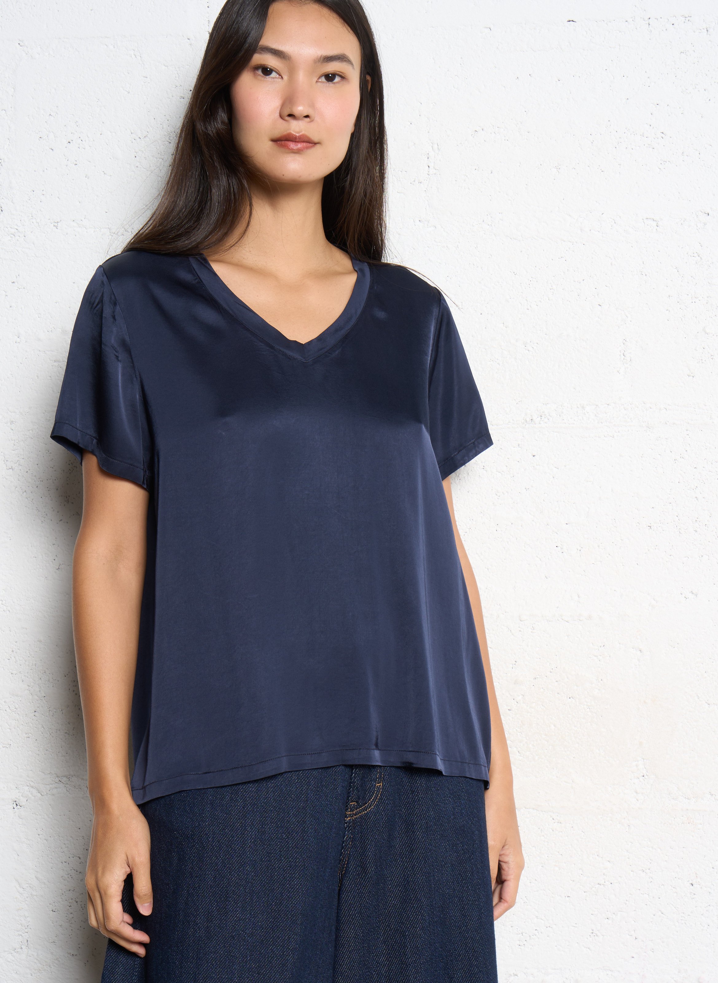 Satin V-neck oversized T-shirt SUD EXPRESS Blue