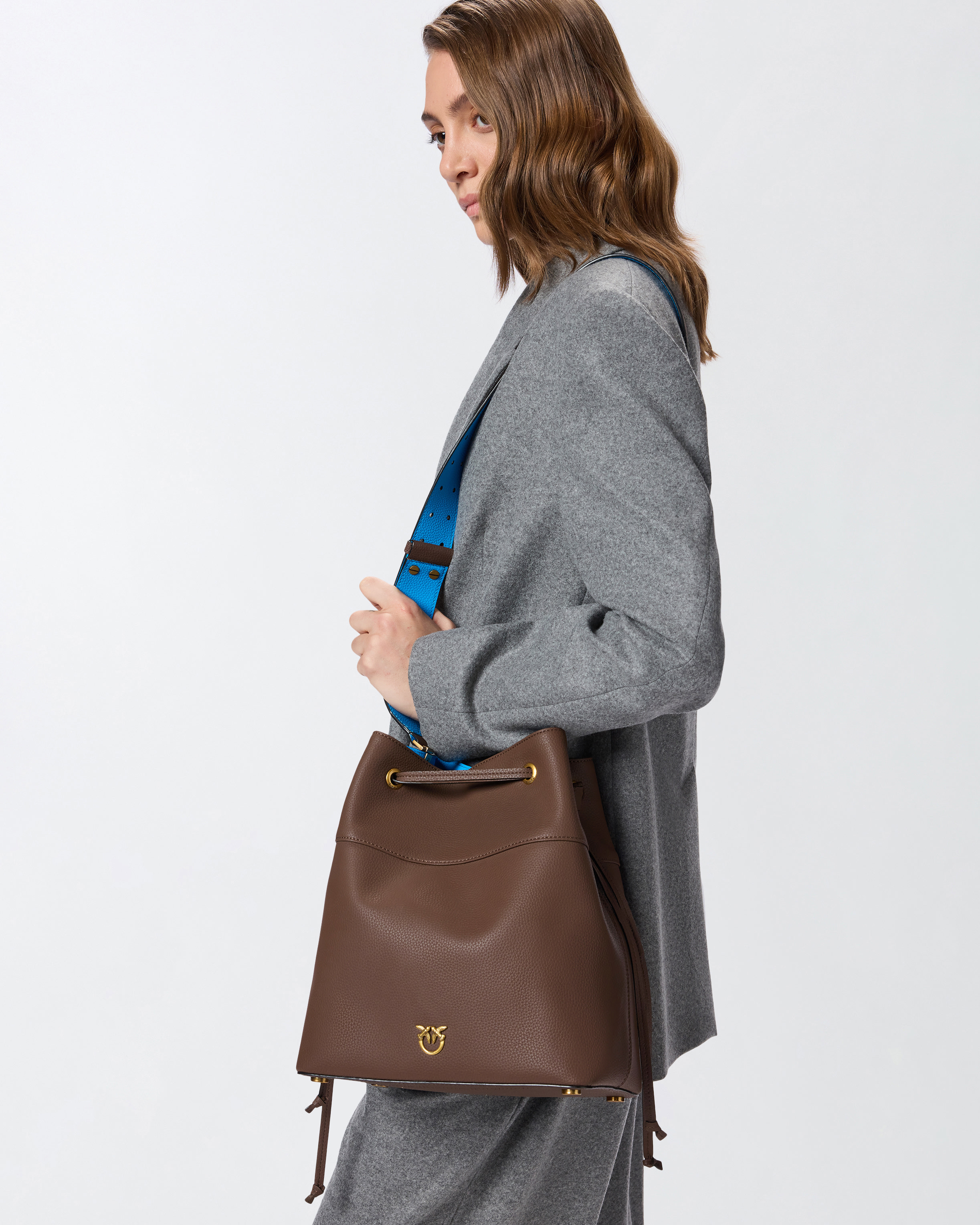 Medium bucket shoulder bag in full grain leather with love birds logo PINKO Brown