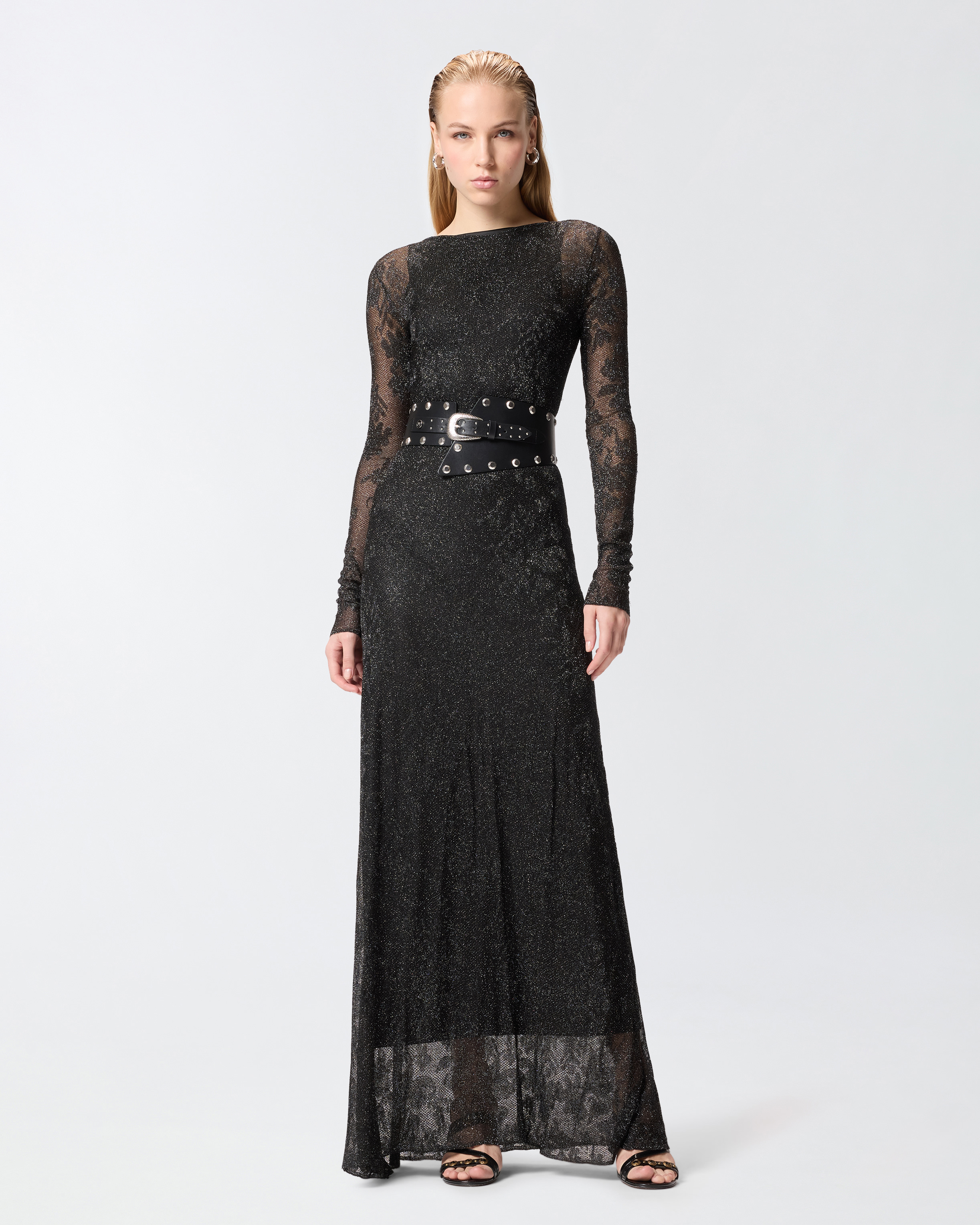 Robe longue avec maille filet et dentelle florale PINKO Noir