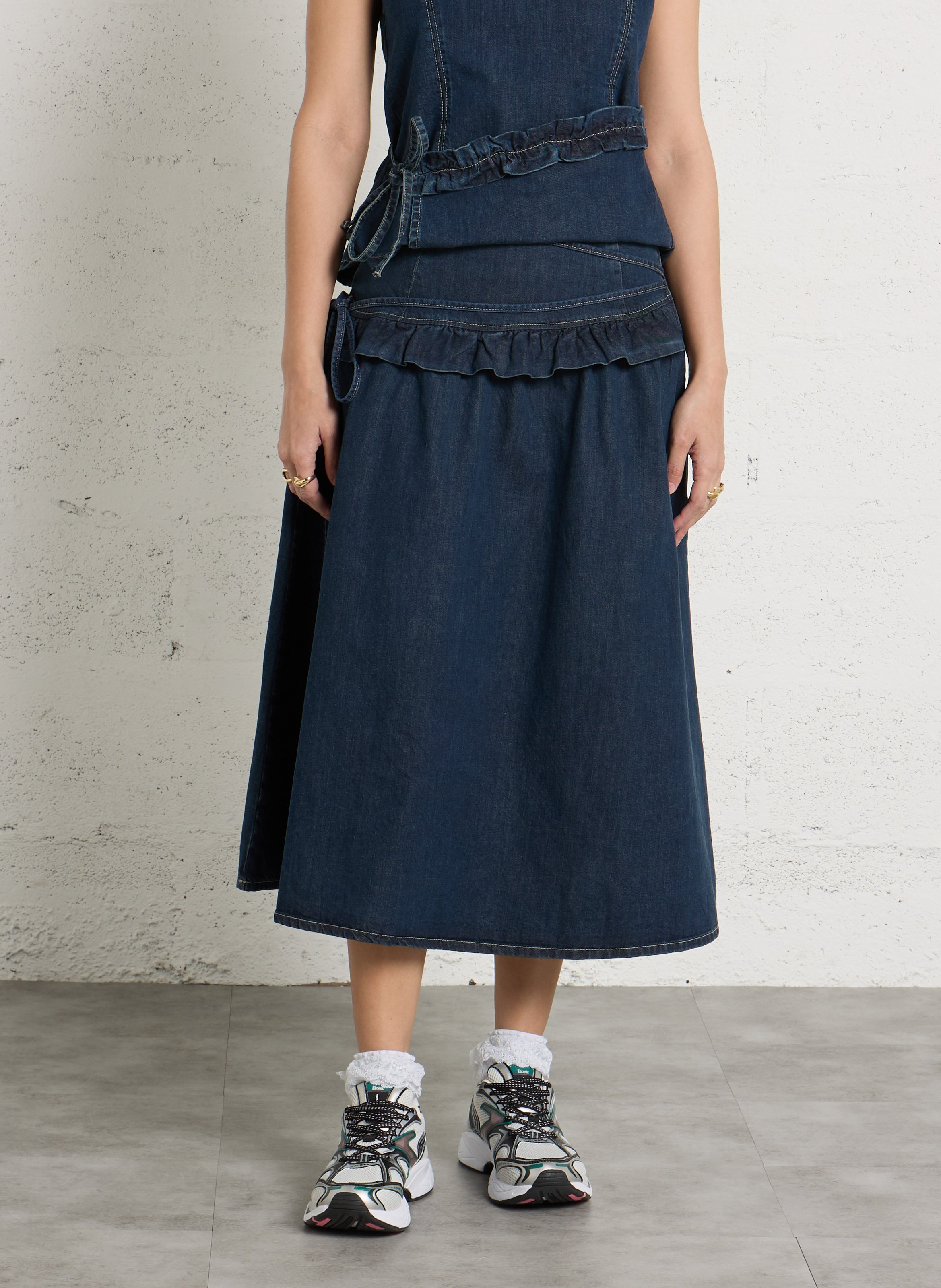 Uitlopende midi spijkerrok in rauw denim DAMSON MADDER