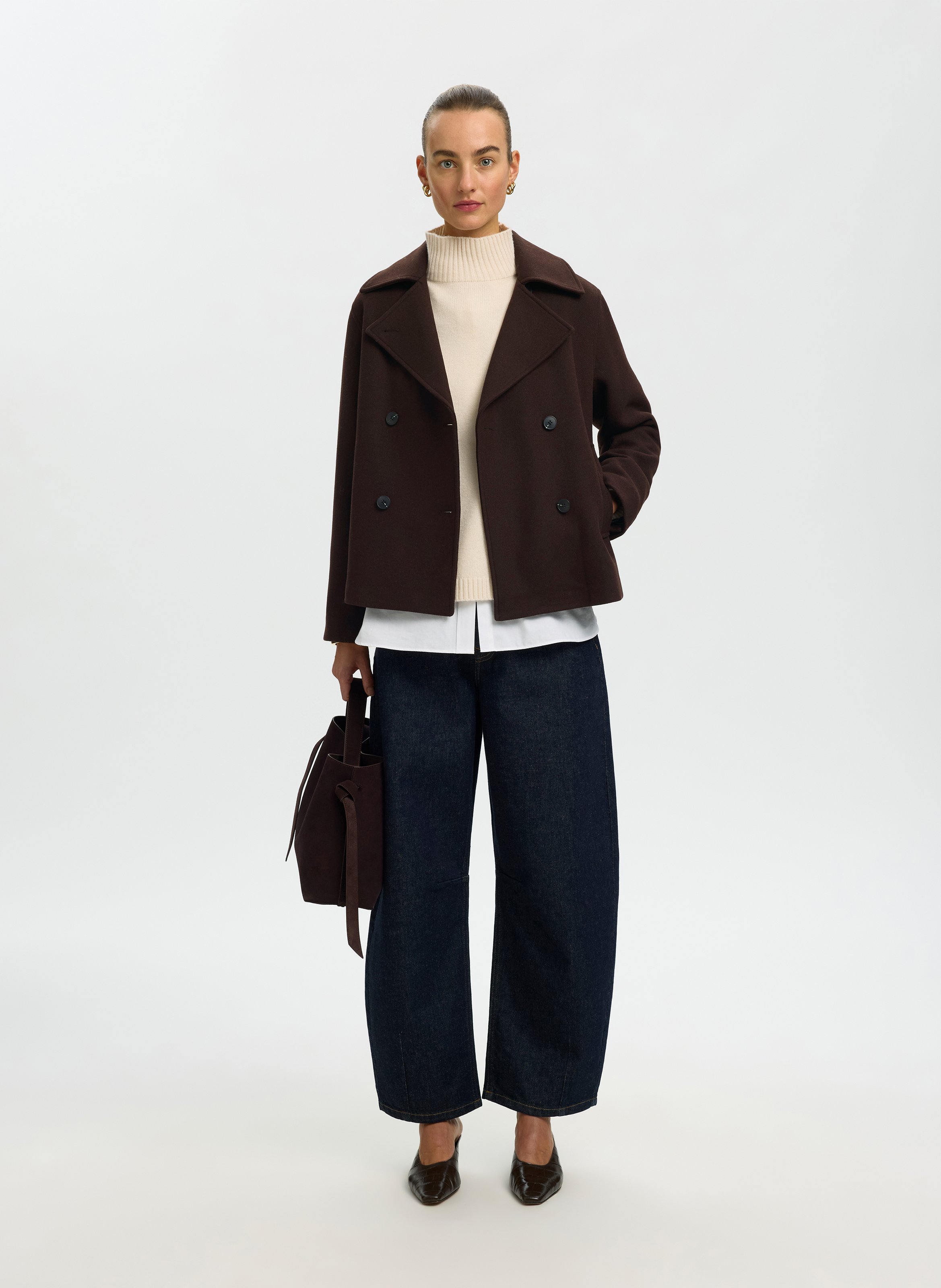 Manteau droit col tailleur en laine mélangée SELECTED Marron