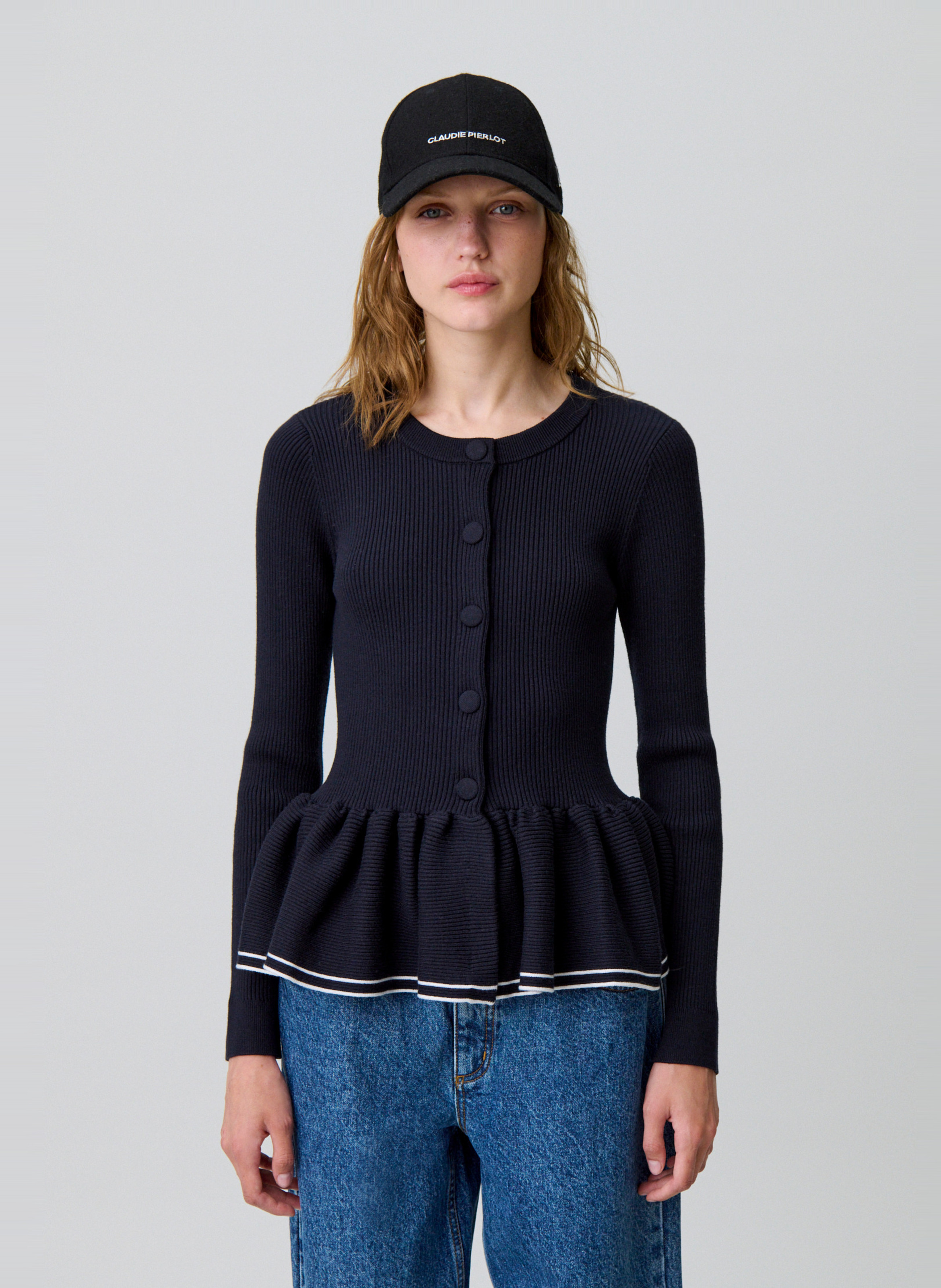 Cardigan côtelé moulant col rond CLAUDIE PIERLOT Bleu