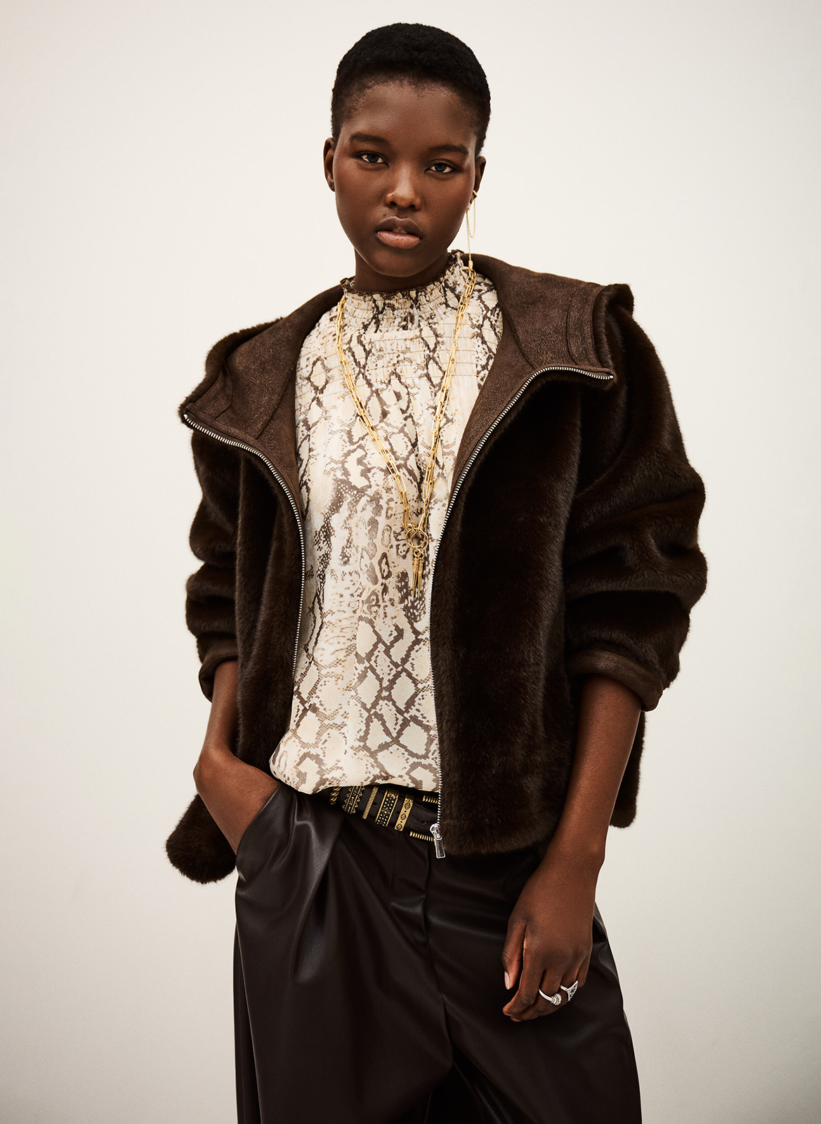 Straight coat with high synthetic fur collar BA&SH Brown