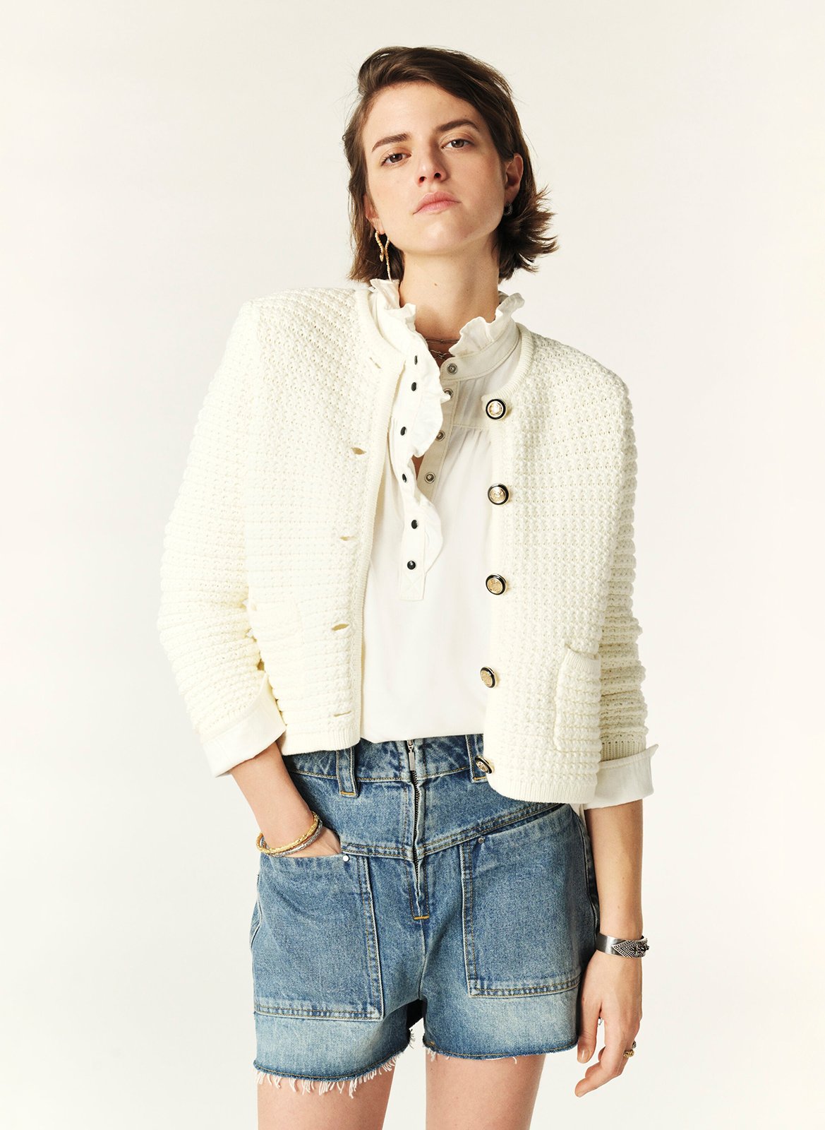 Gilet droit col rond en coton mélangé BA&SH Beige