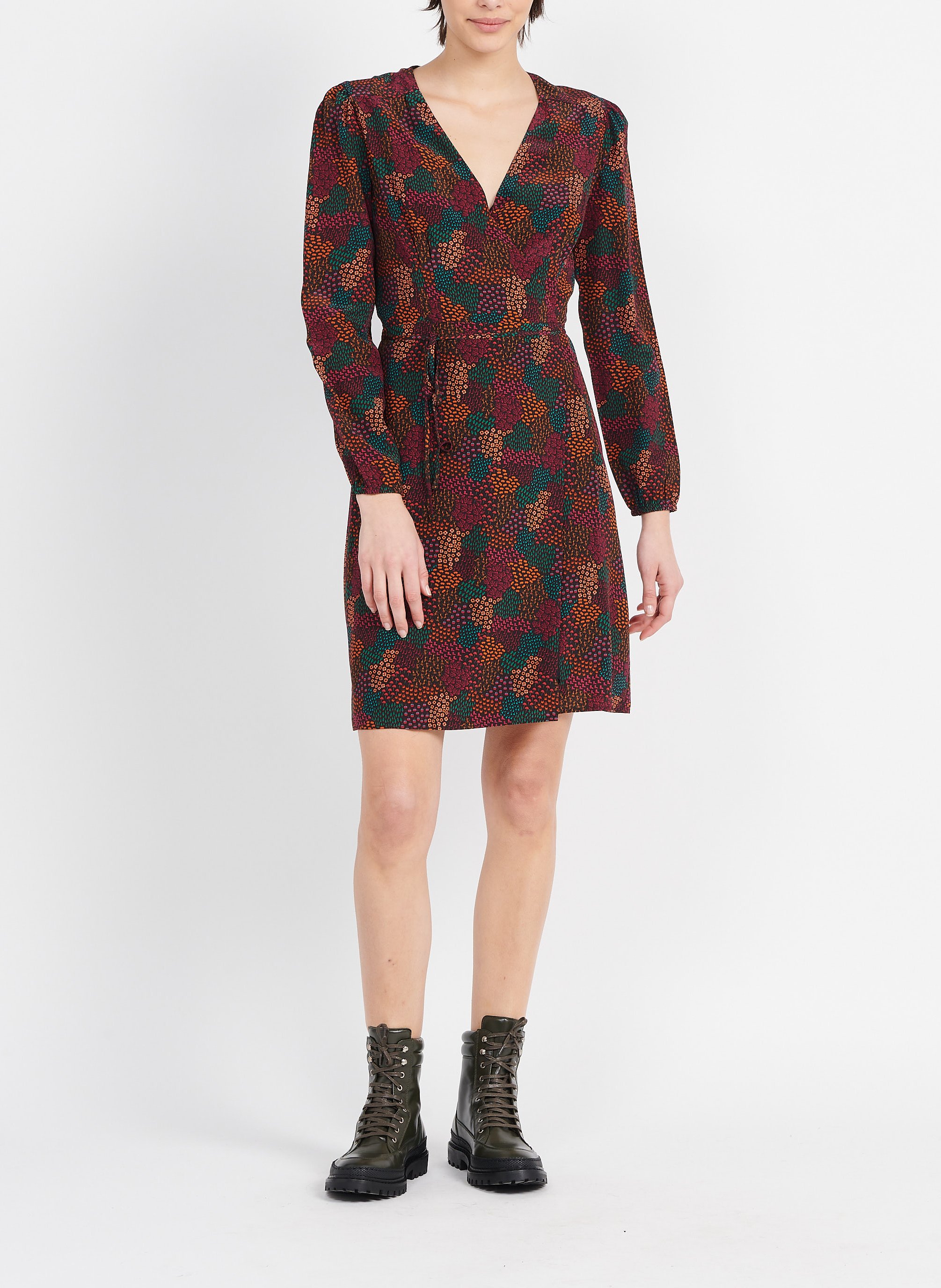 Short printed silk V-neck dress SOI PARIS Brown