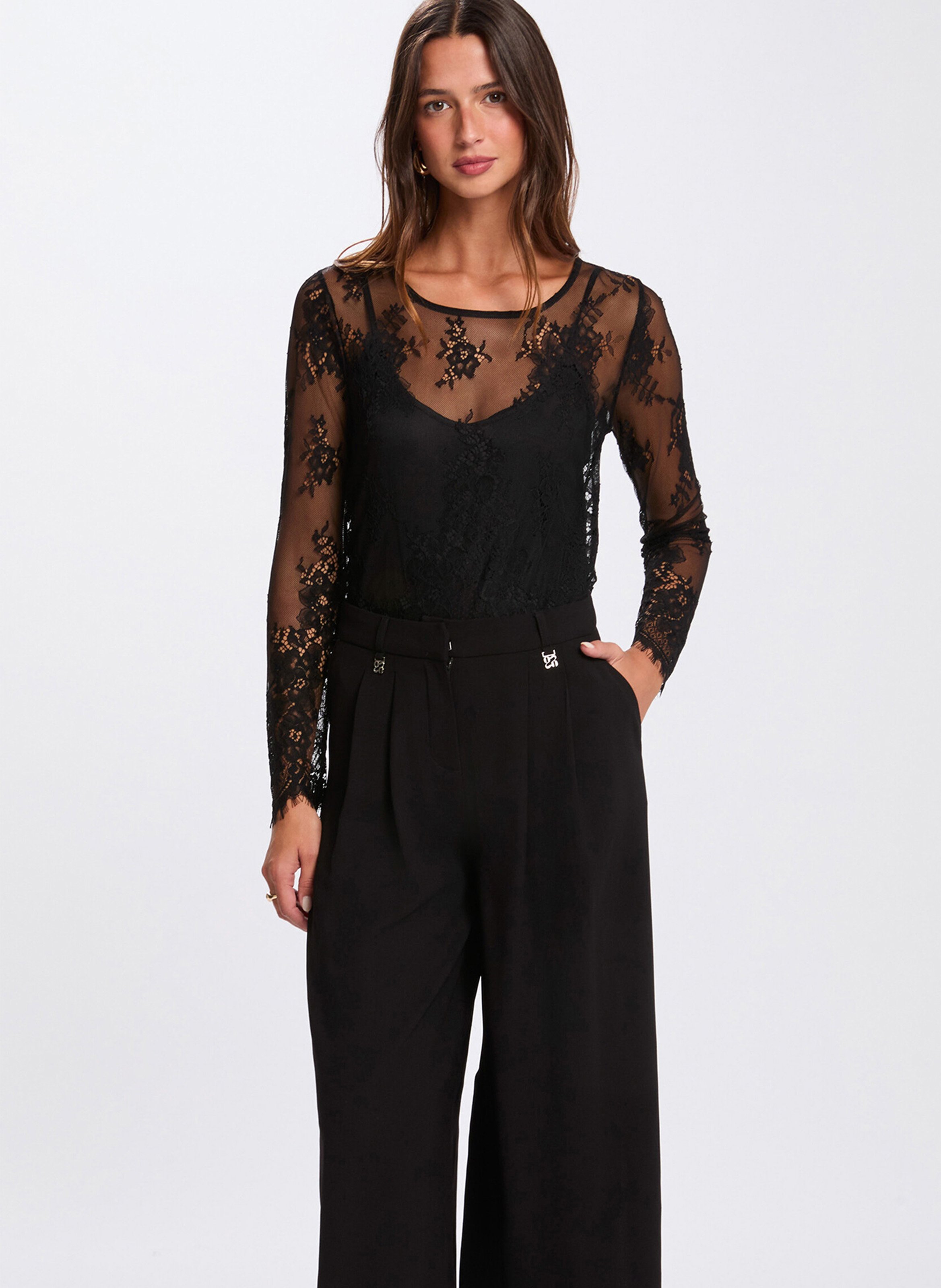 Tee-shirt droit en dentelle MORGAN Noir