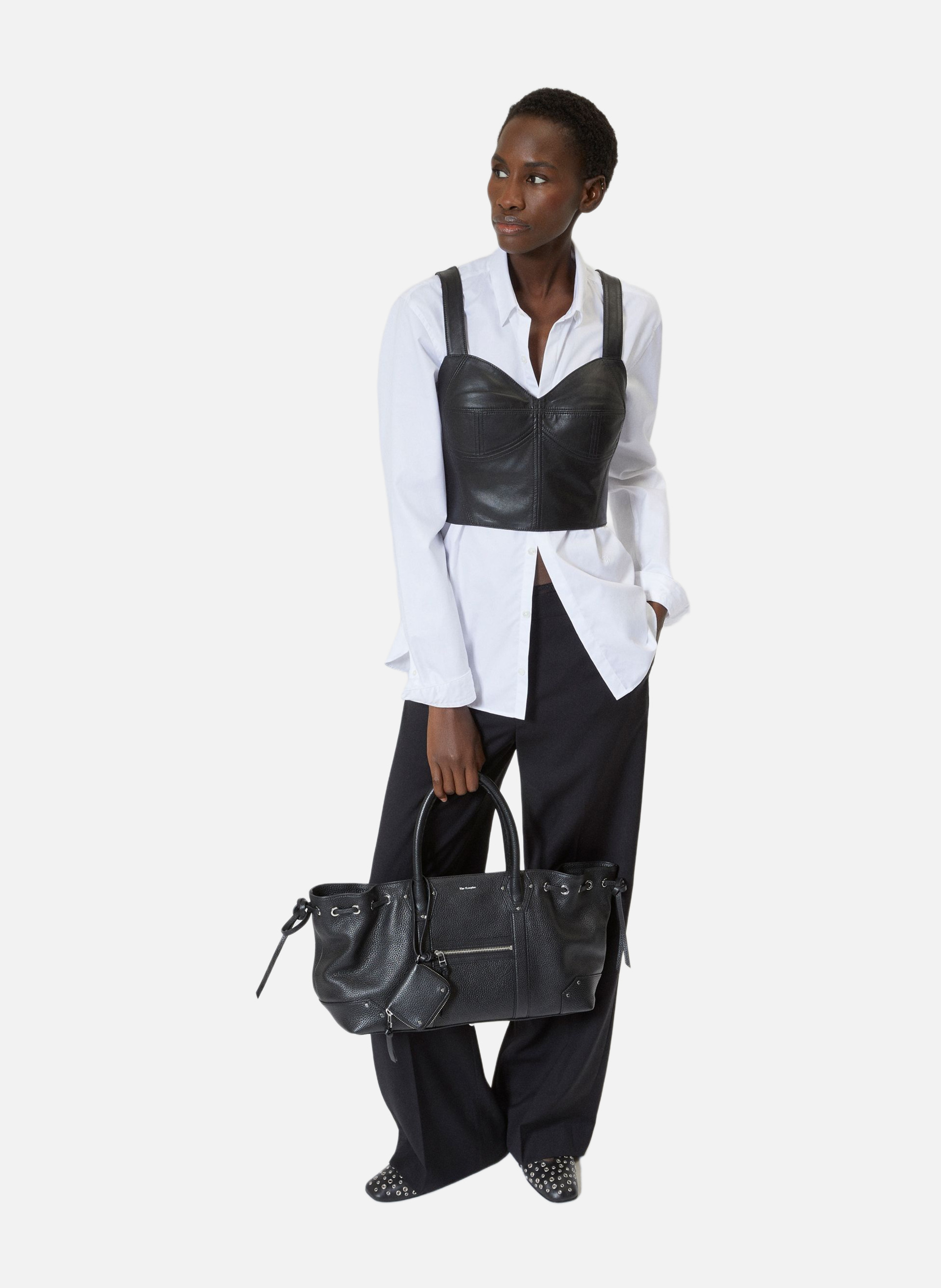 Ruched tote bag in grained leather Black