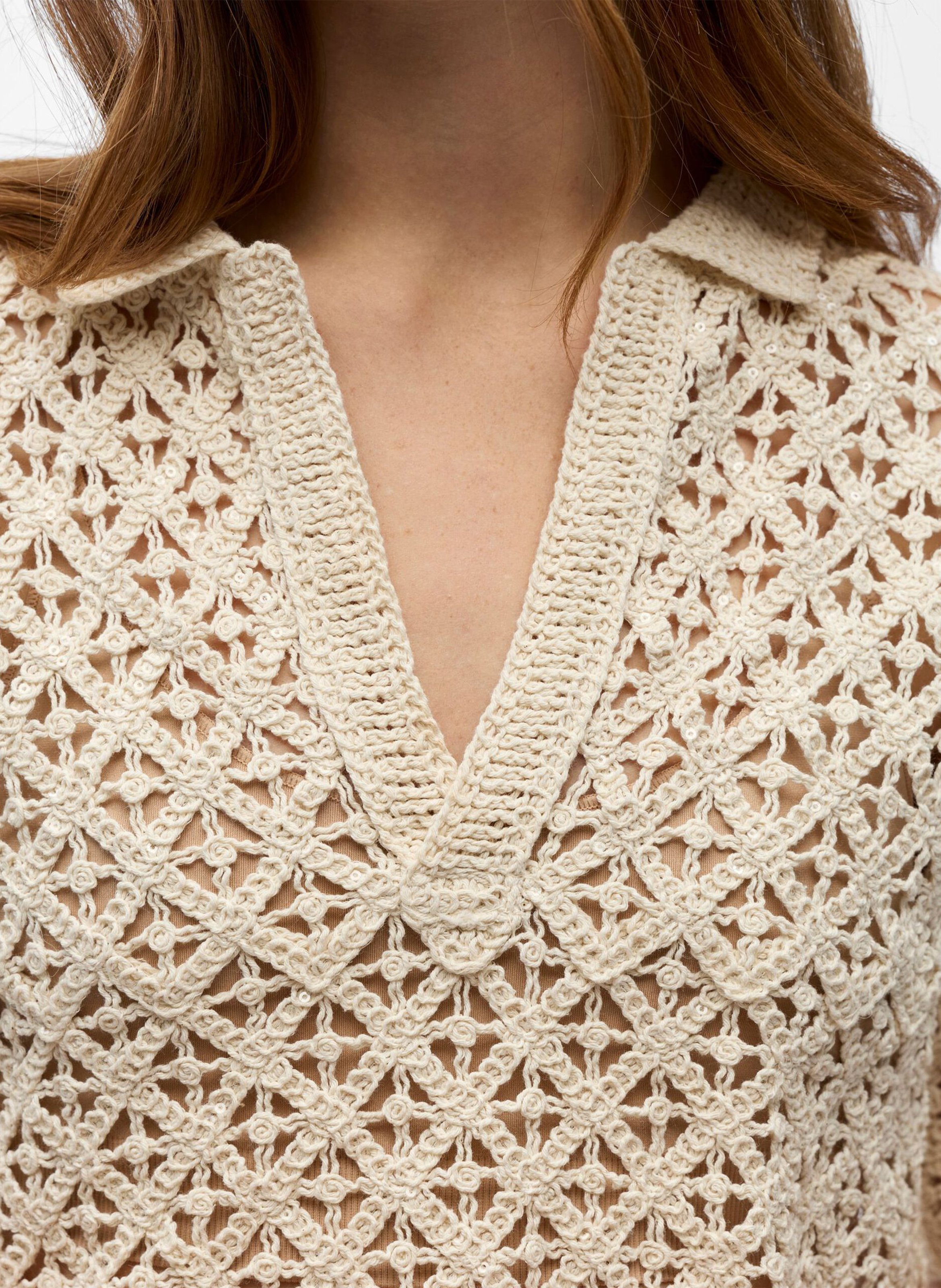 Gerader V-Ausschnitt-Top aus Bio-Baumwolle mit Lochmuster OBJECT Beige