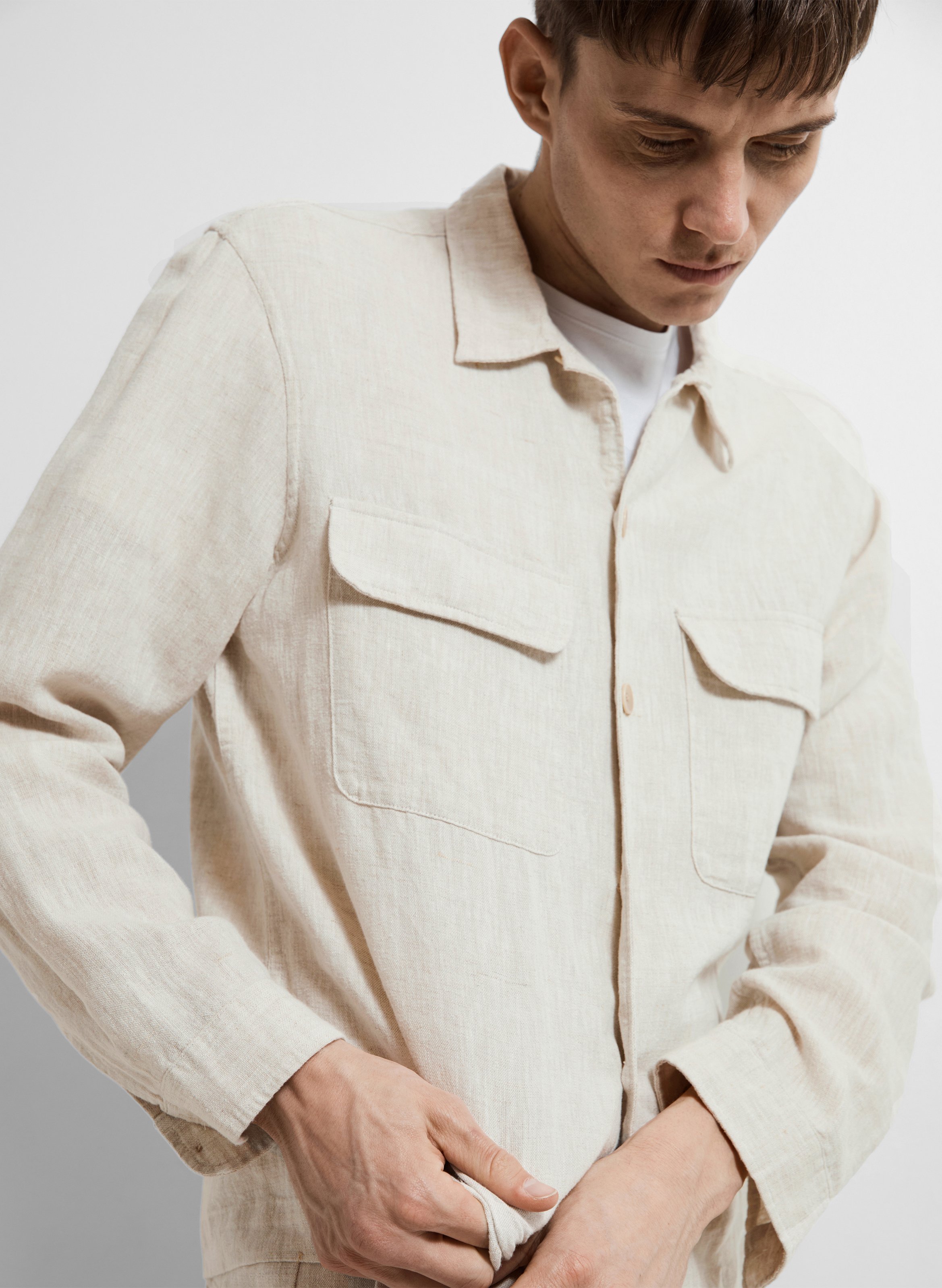 Straight linen-blend shirt with classic collar SELECTED Beige