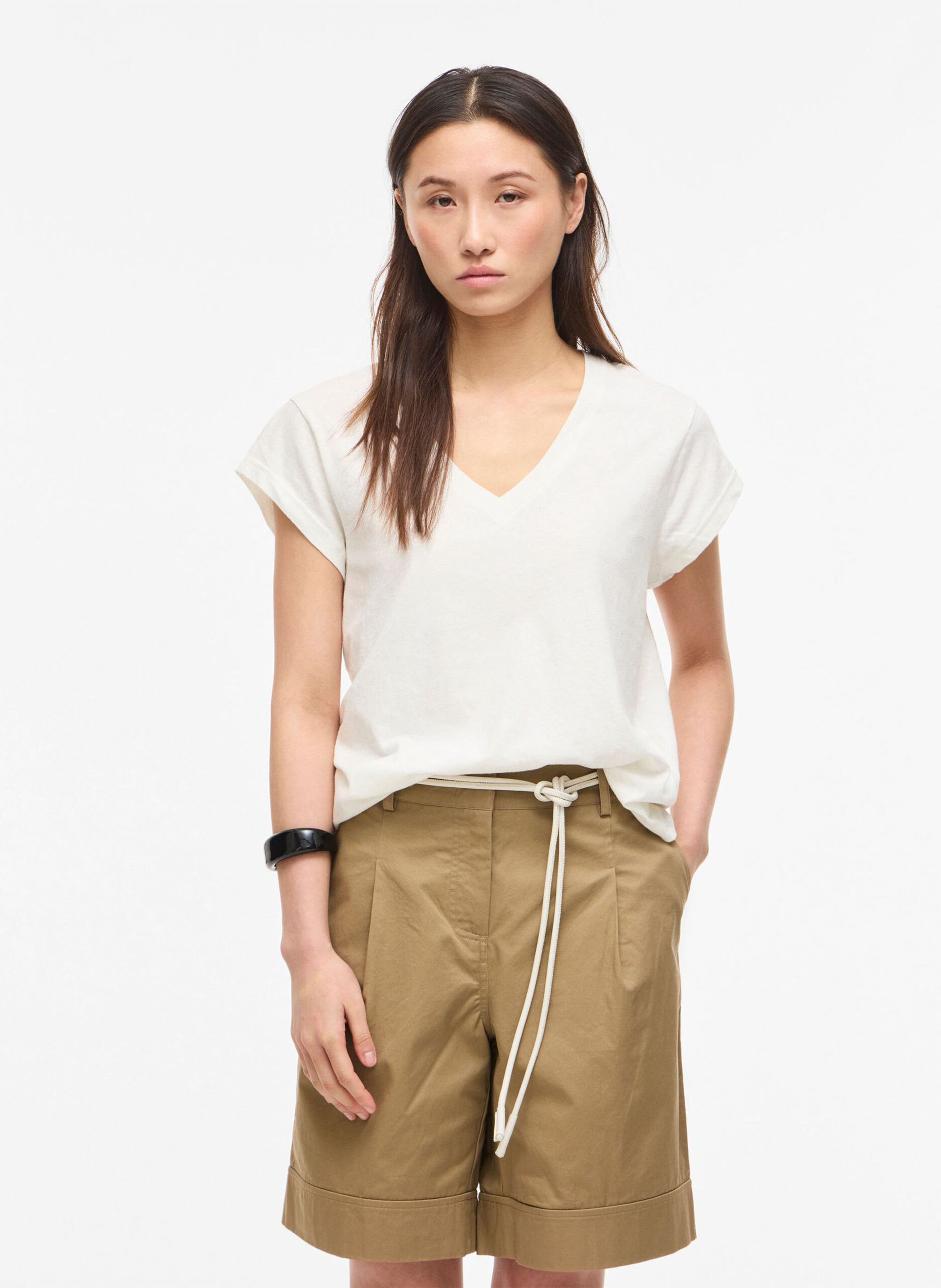 Tee-shirt droit col V en coton et lin ROUGE EDIT Beige