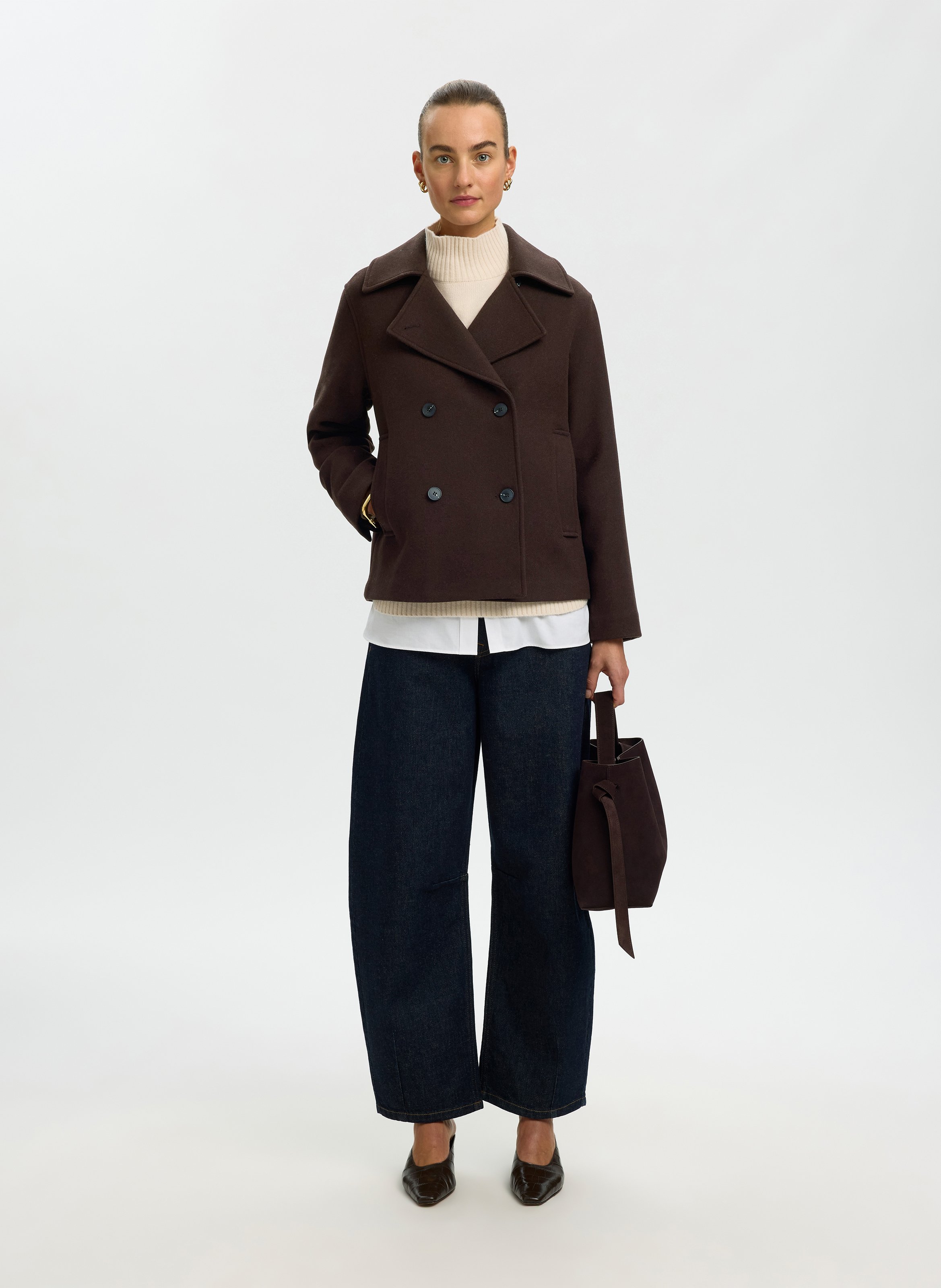 Manteau droit col tailleur en laine mélangée SELECTED Marron