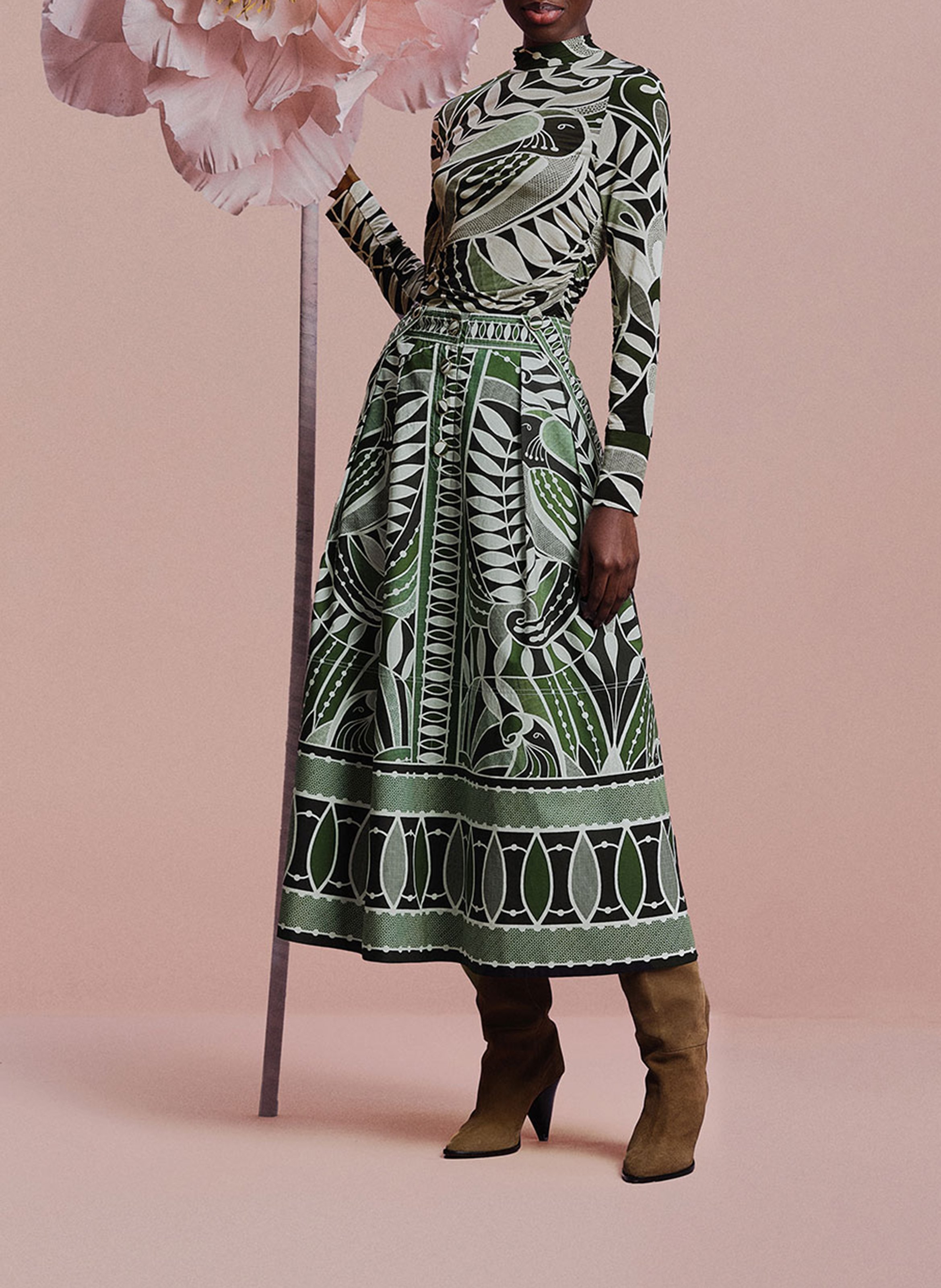 Long floral print cotton skirt FARM RIO Black