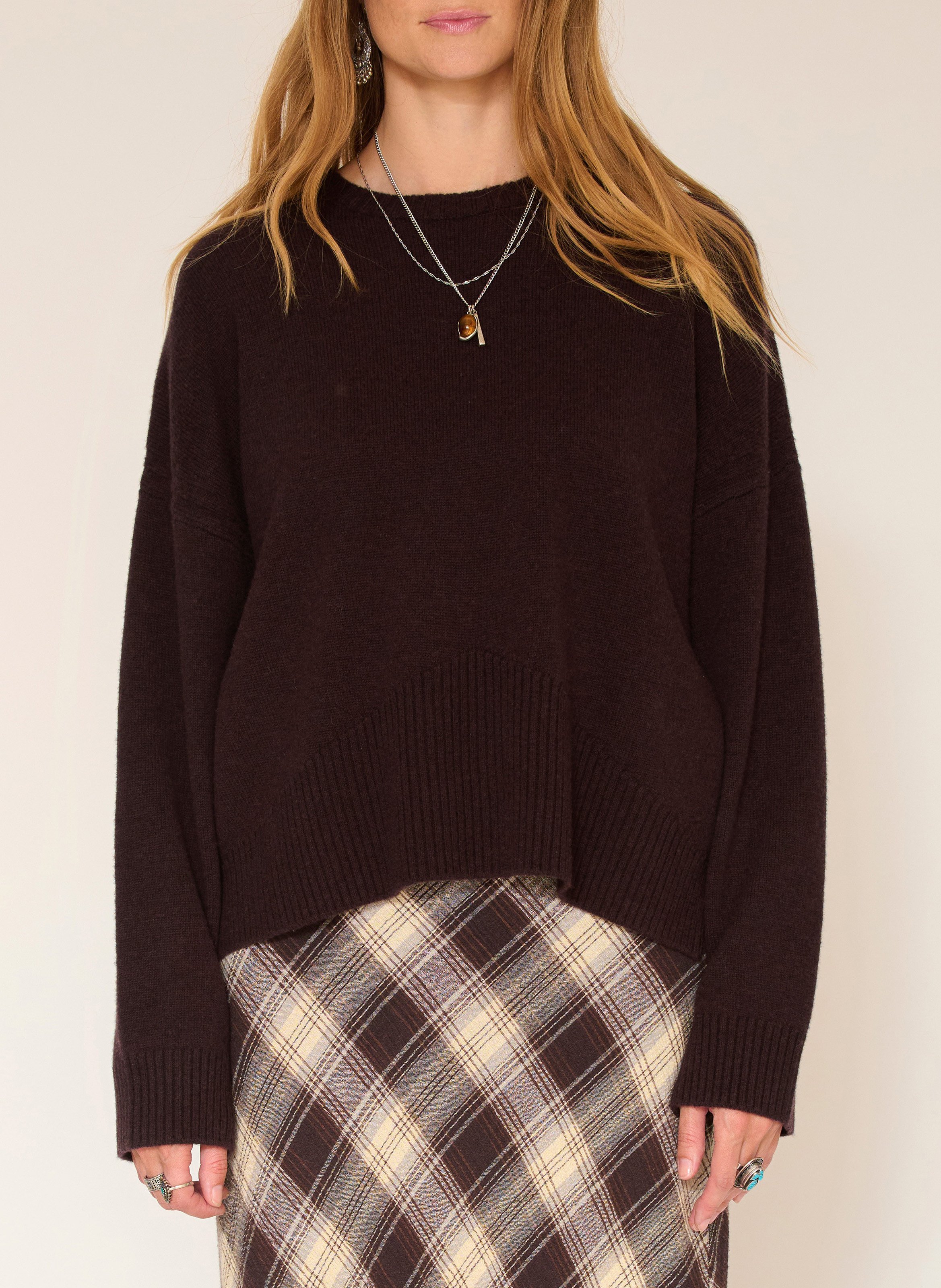 Pull ample col rond en laine mérinos MKT Marron