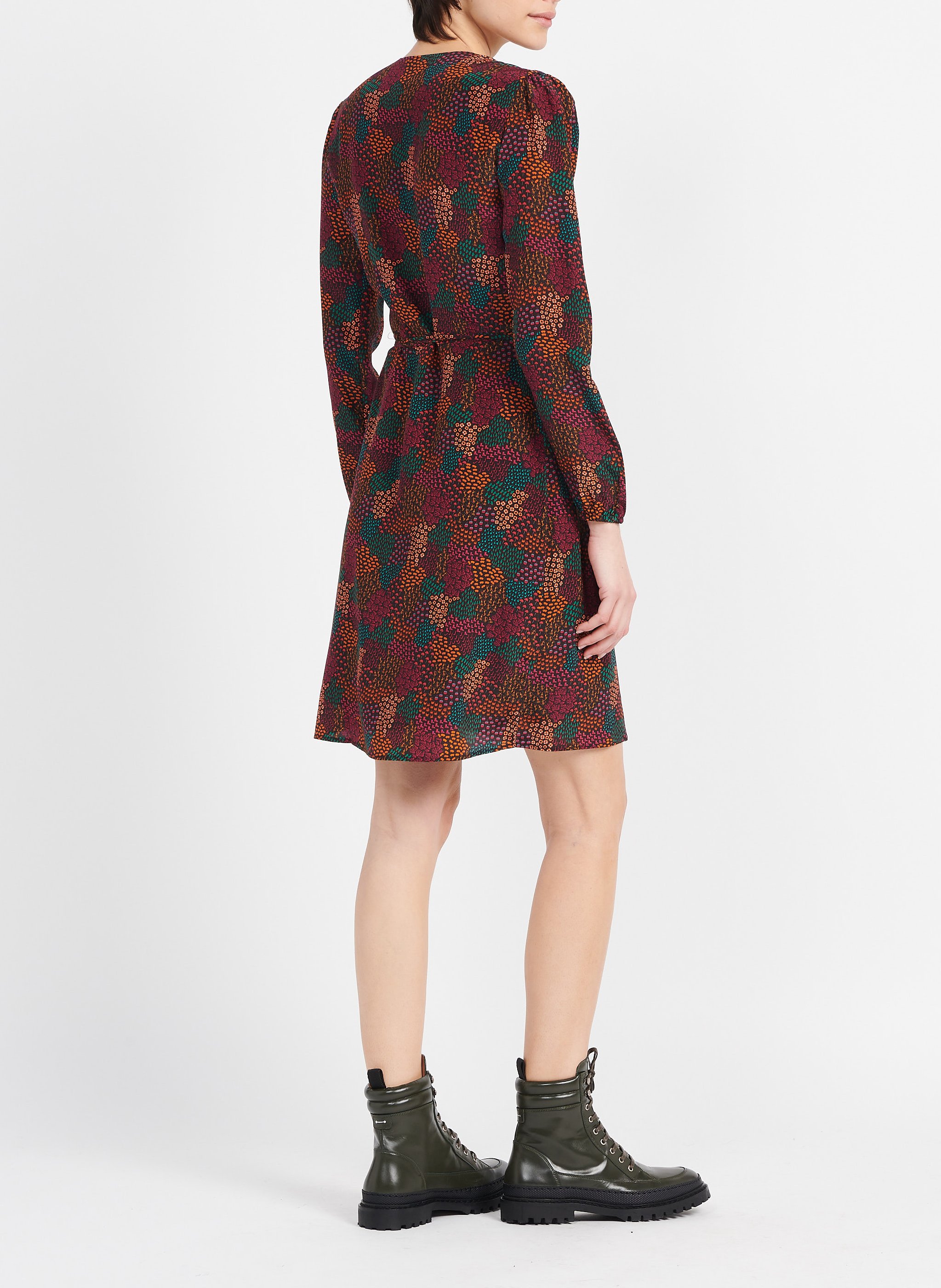 Short printed silk V-neck dress SOI PARIS Brown