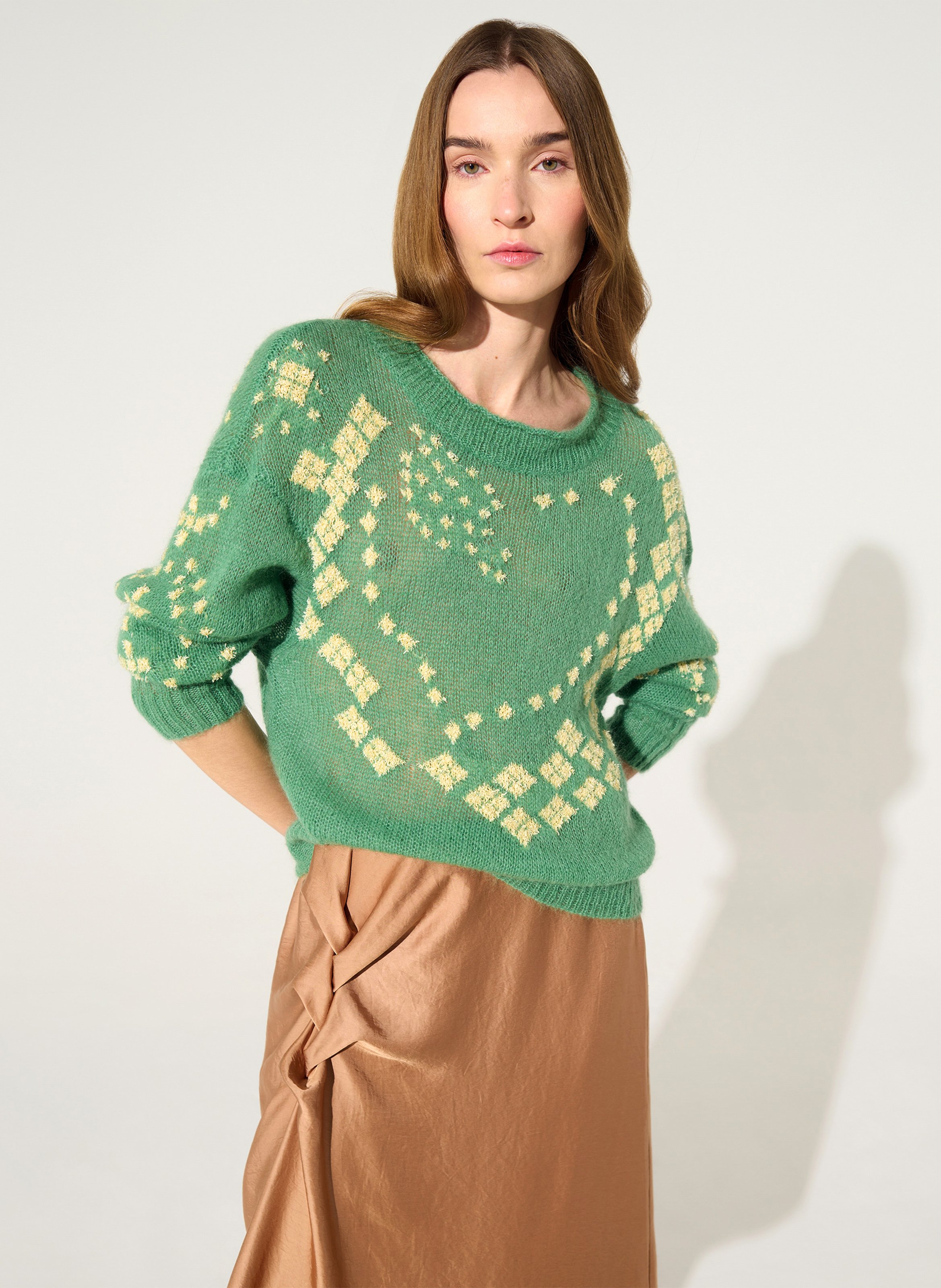 Oversized boat neck sweater with pattern COTELAC Green