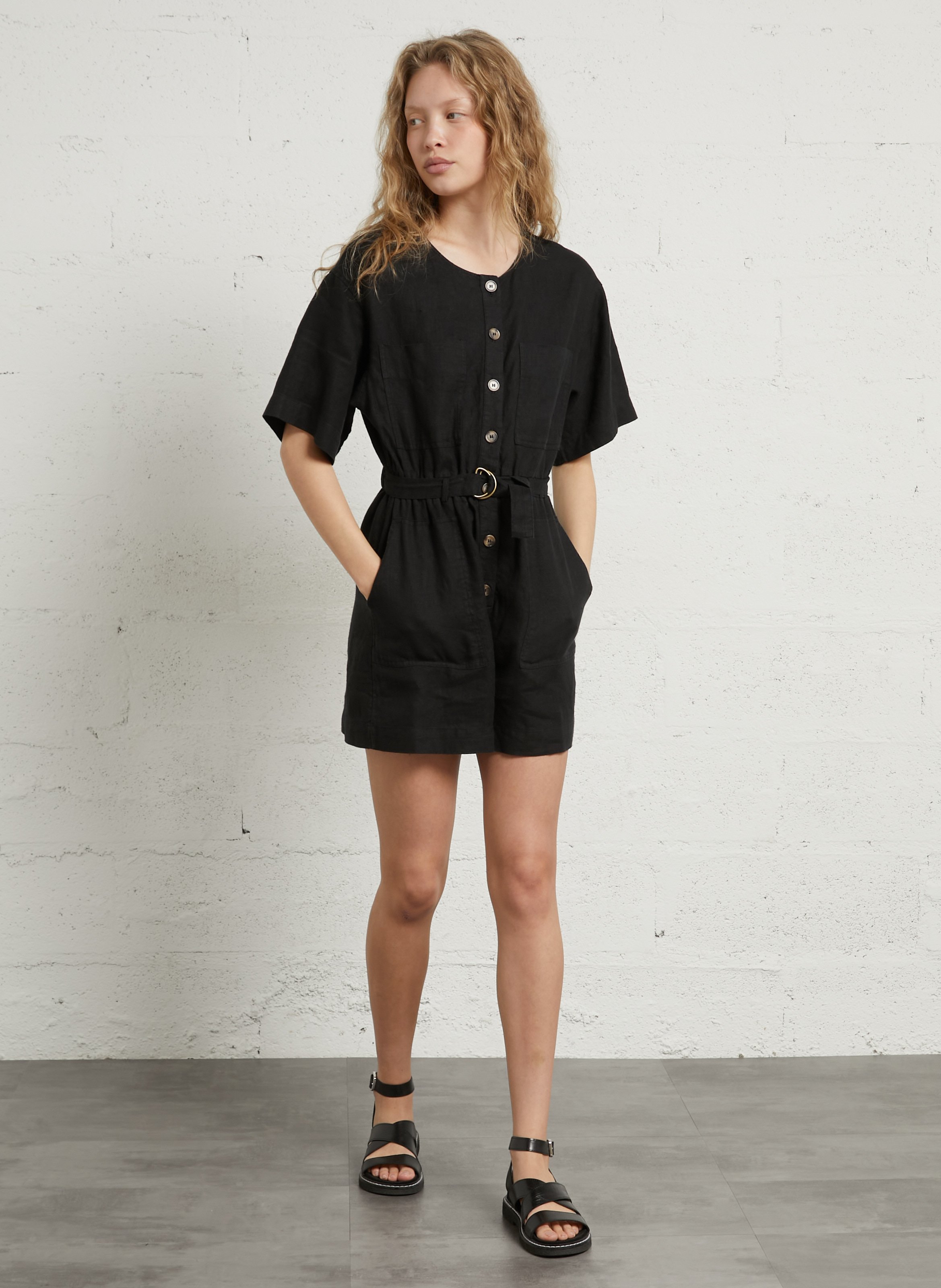 Combi short ample unie en lin DES PETITS HAUTS Noir