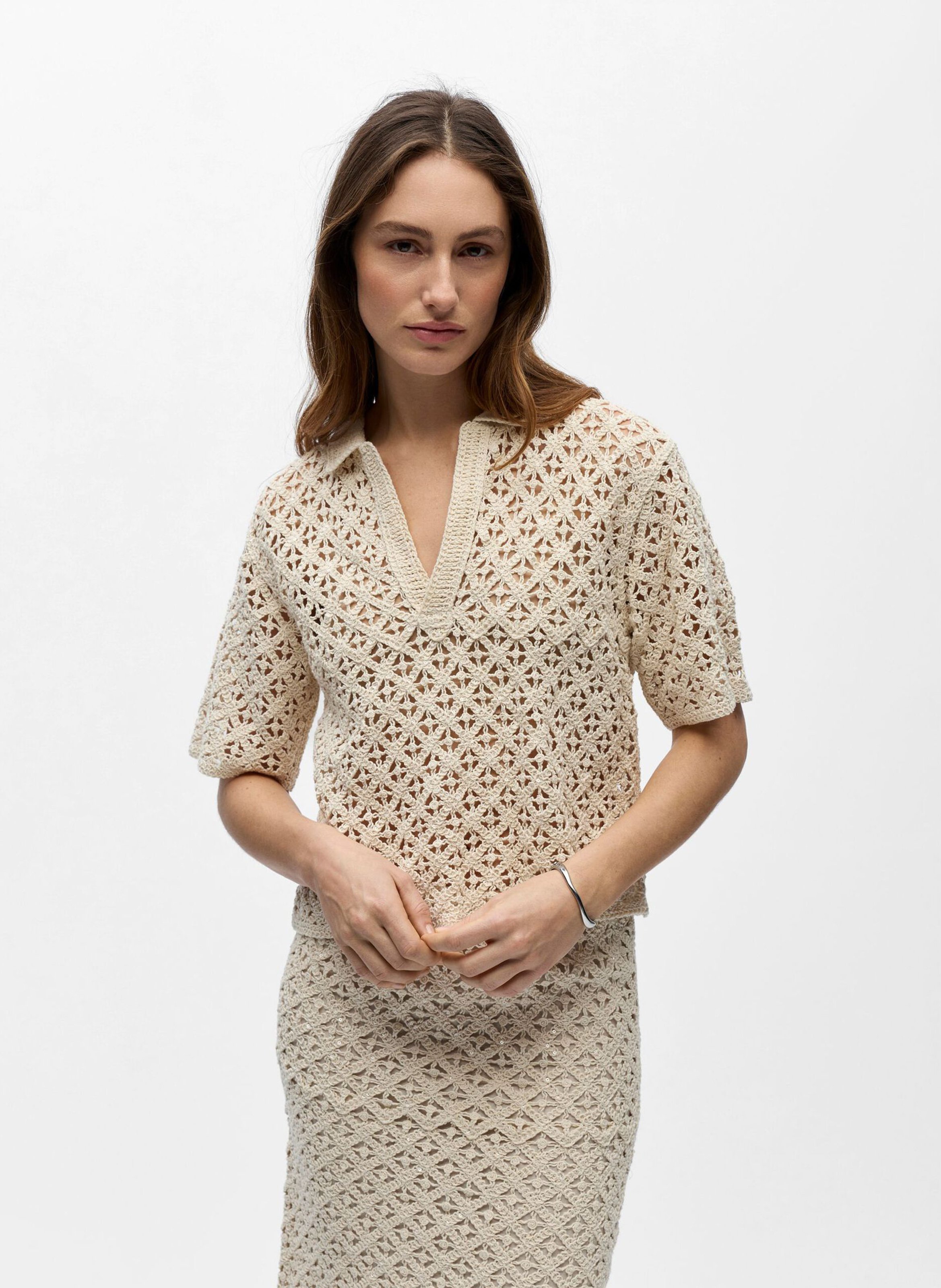 Gerader V-Ausschnitt-Top aus Bio-Baumwolle mit Lochmuster OBJECT Beige