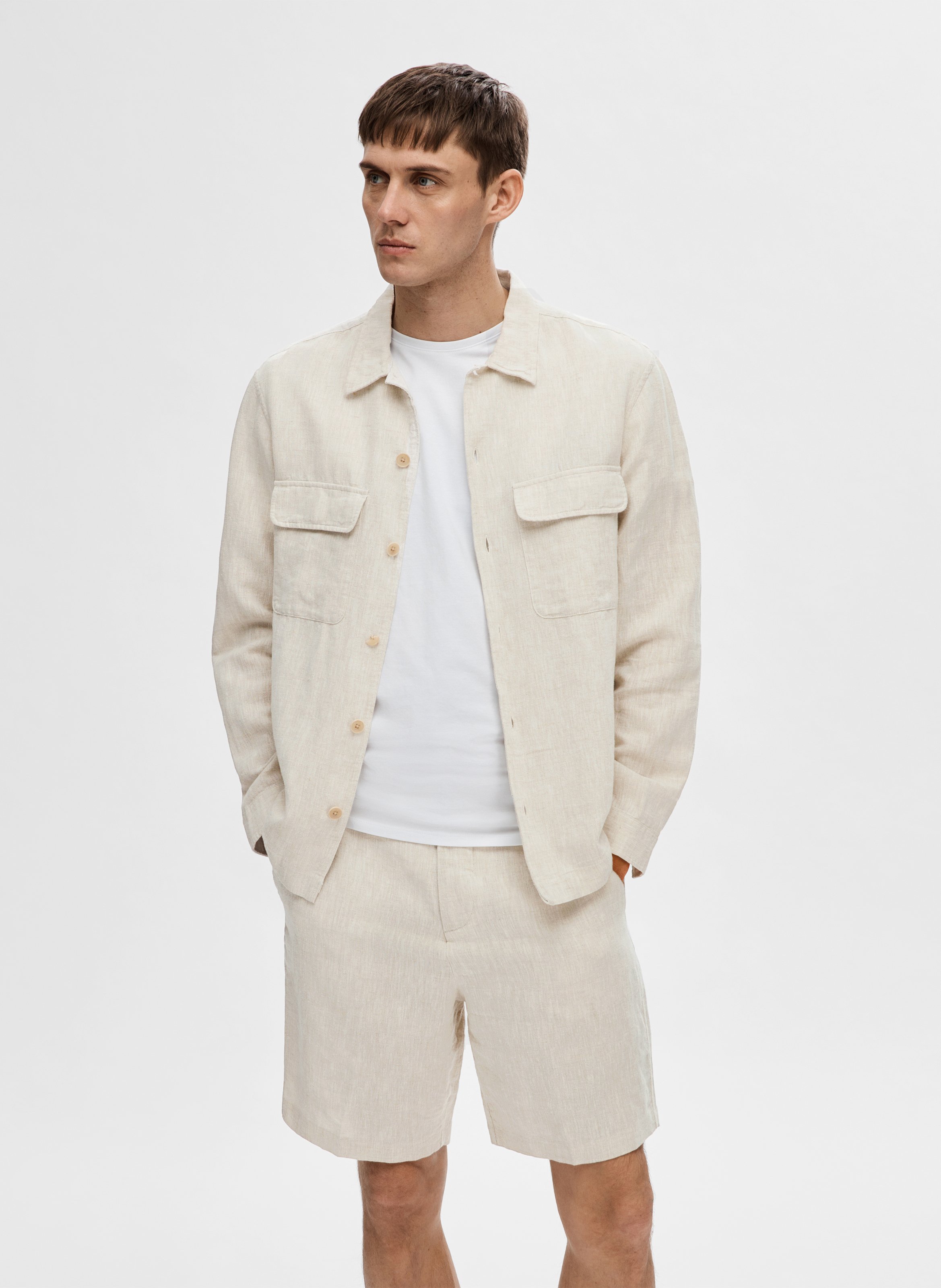 Straight linen-blend shirt with classic collar SELECTED Beige