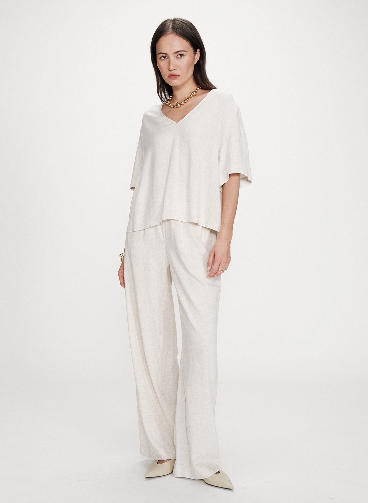 Top droit col V GRACE ET MILA Beige