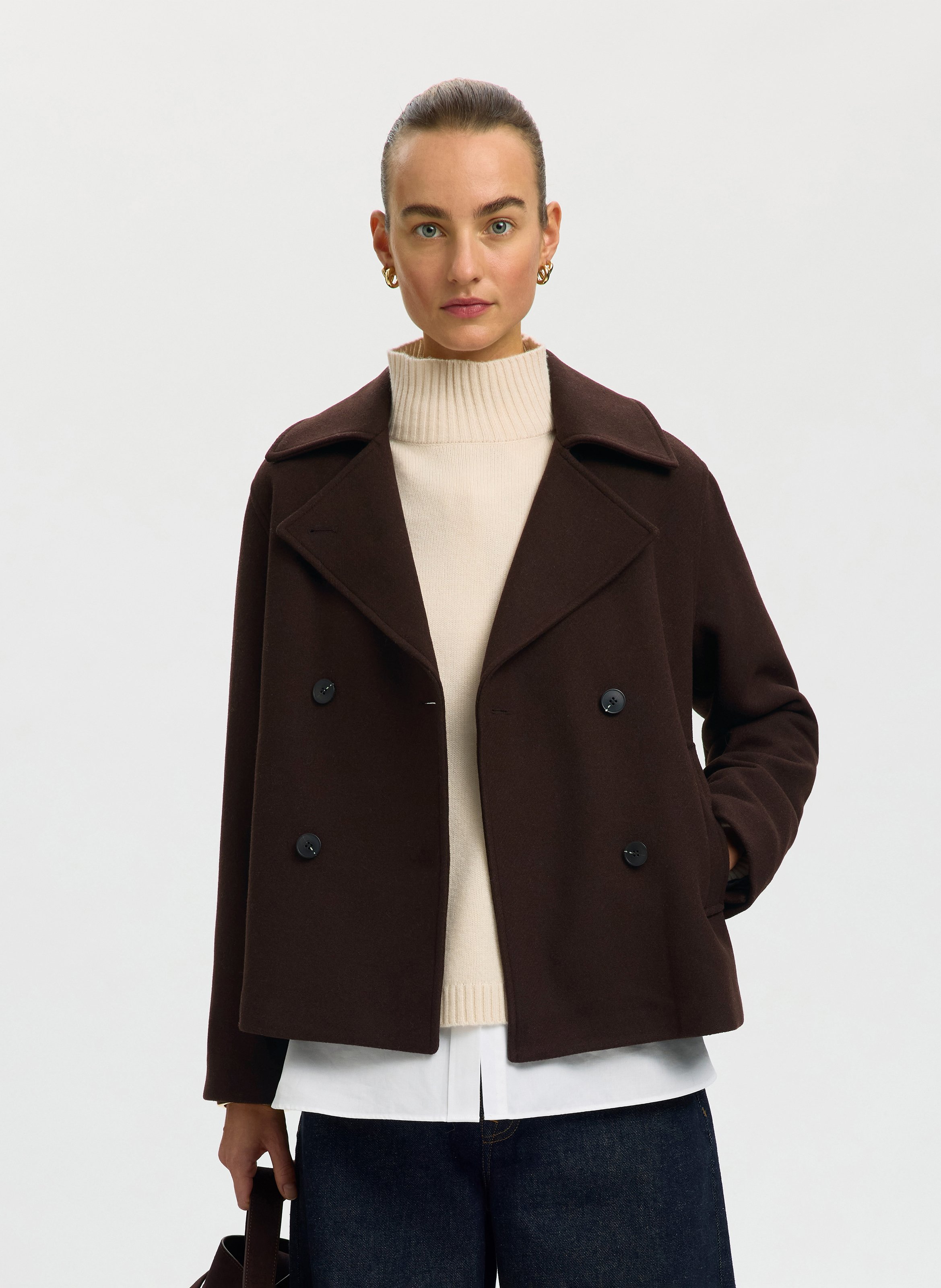 Manteau droit col tailleur en laine mélangée SELECTED Marron
