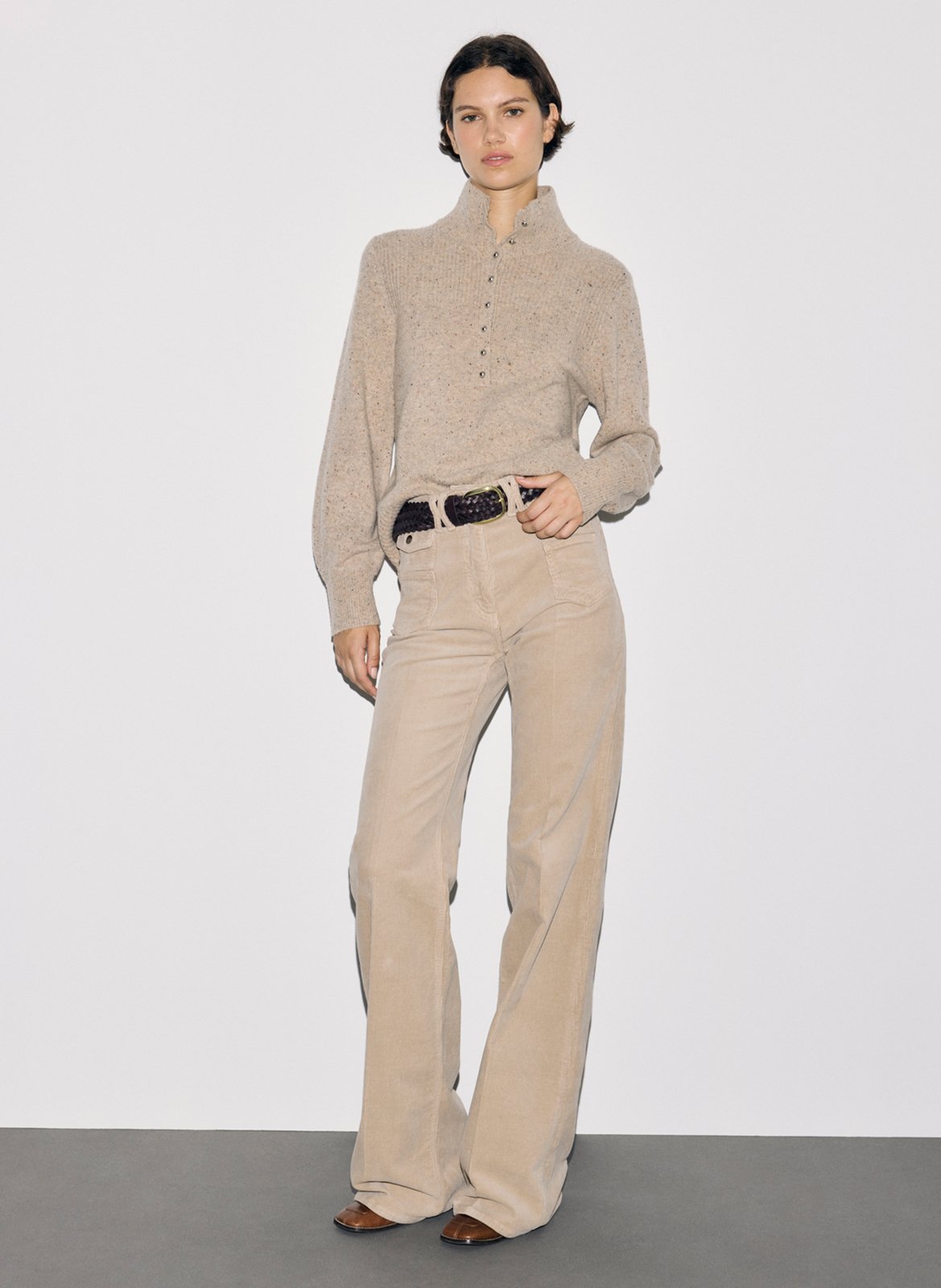 Pull droit col montant boutonné en laine GERARD DAREL Marron