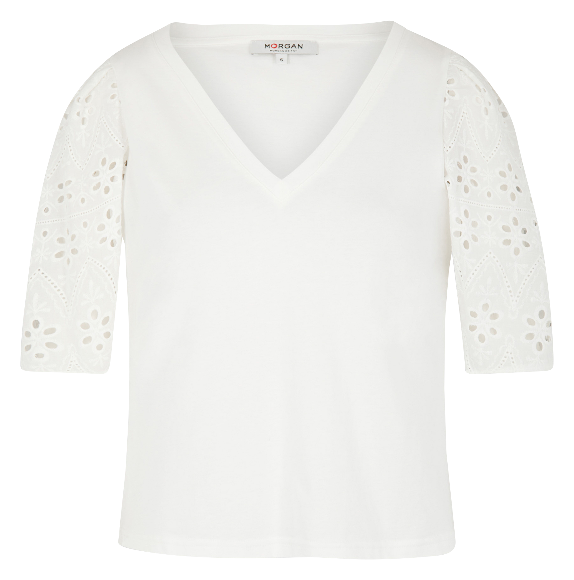 Katoenen t-Shirt met v-Hals en opengewerkt borduurwerk Ecru Morgan