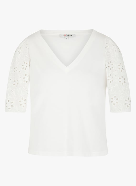 Katoenen t-Shirt met v-Hals en opengewerkt borduurwerk Ecru Morgan