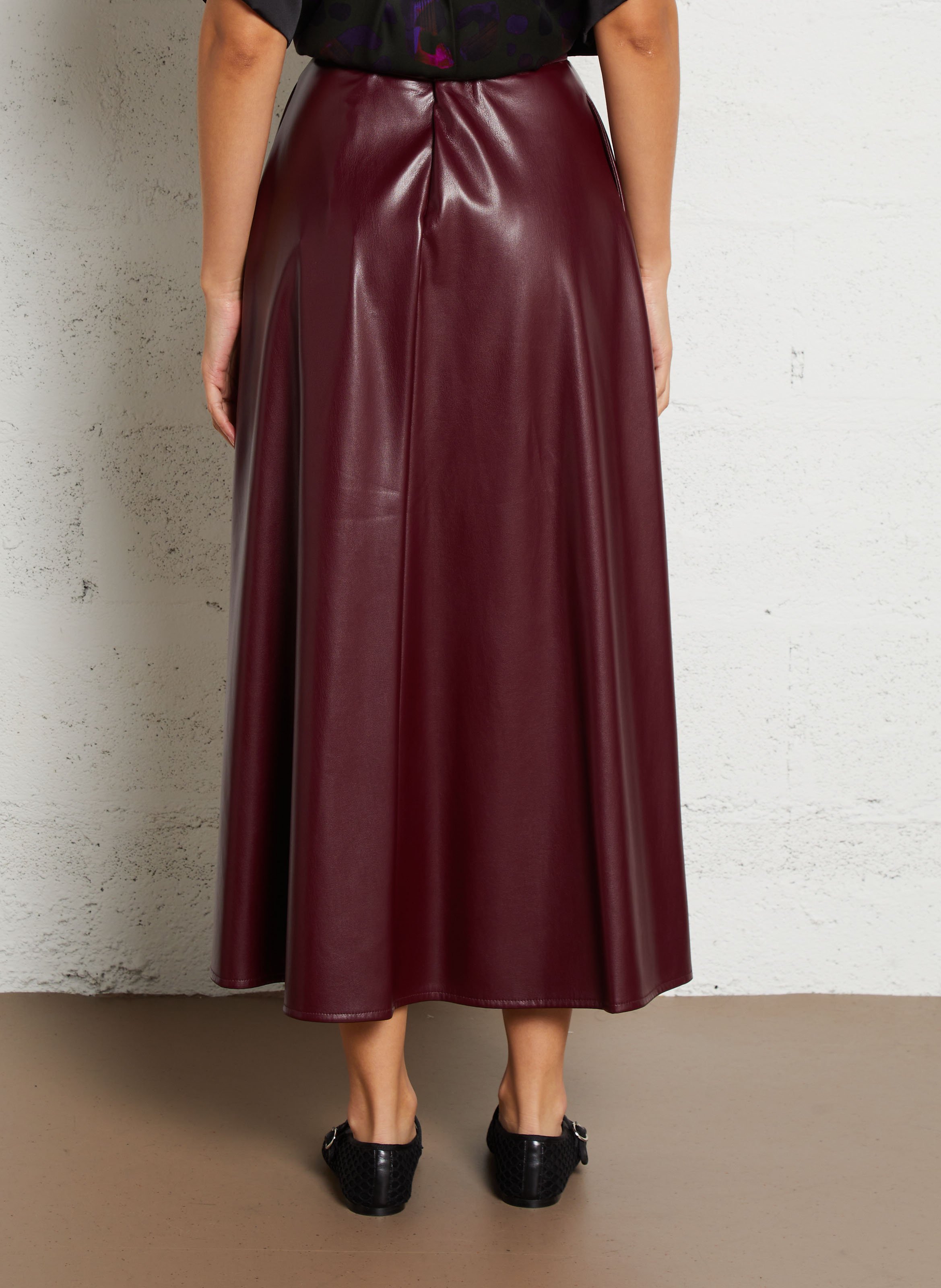 Flared faux leather midi skirt Red