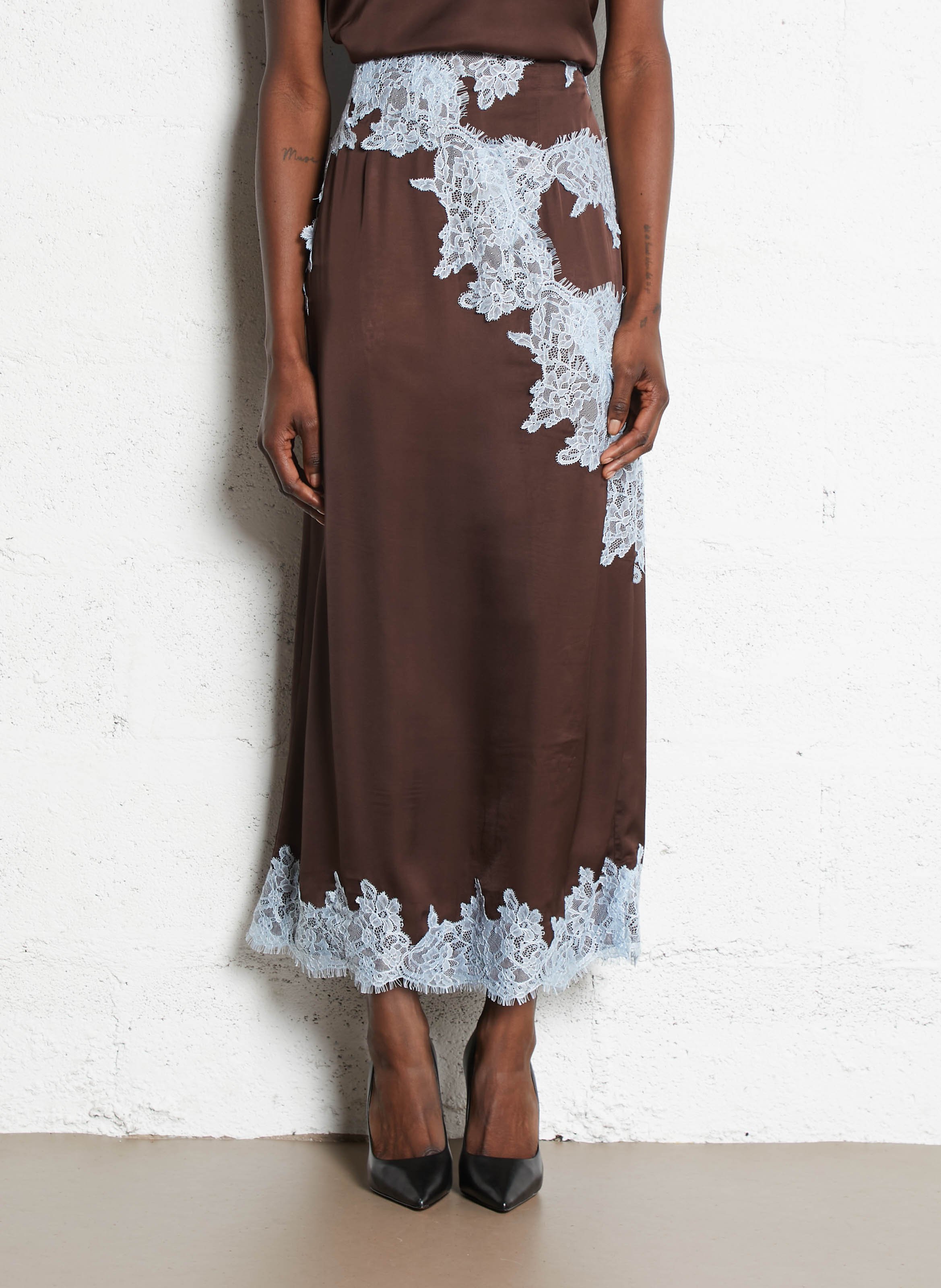 Jupe midi en dentelle NEVER FULLY DRESSED Marron