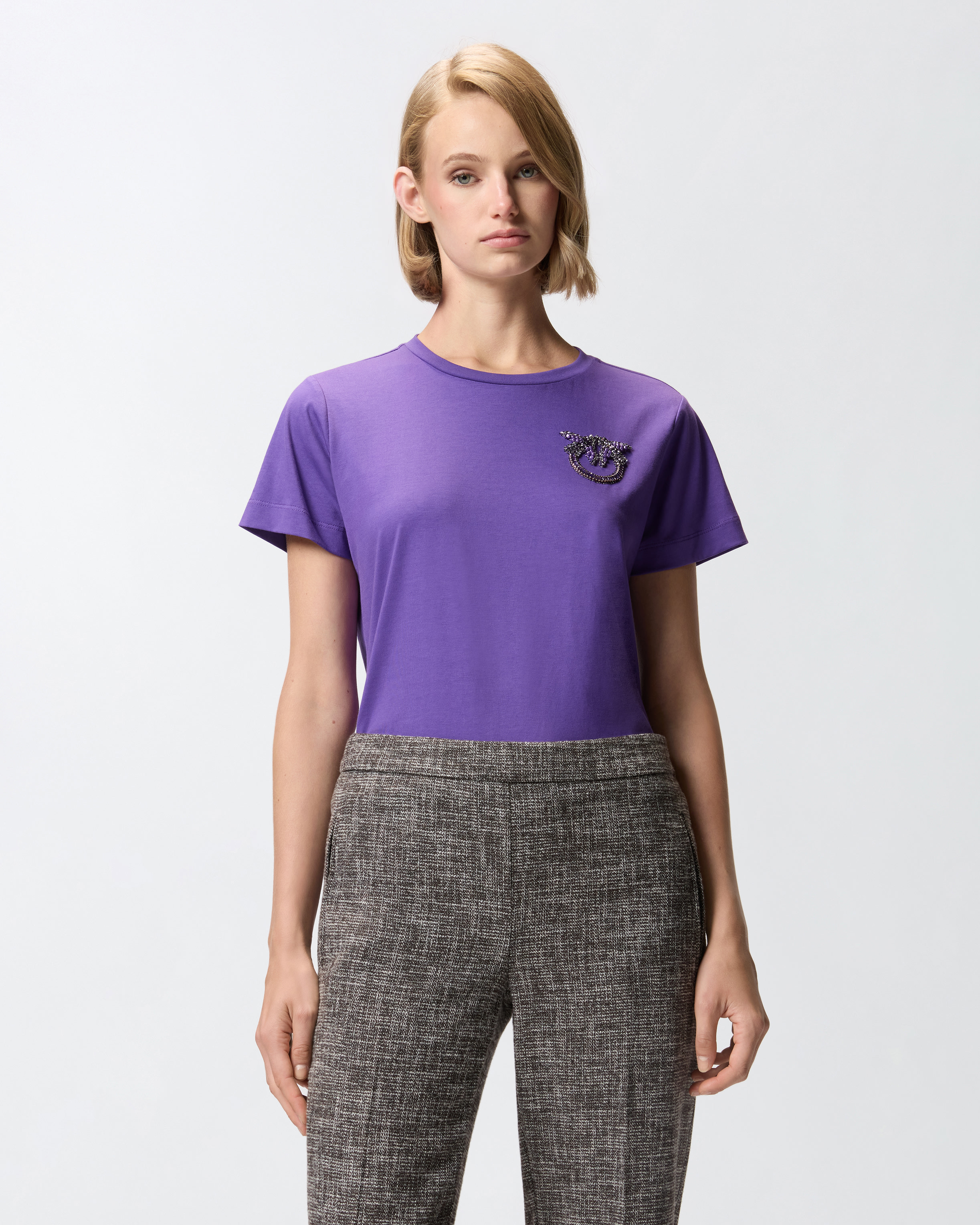 T-shirt with embroidered love birds monogram logo with crystals. PINKO