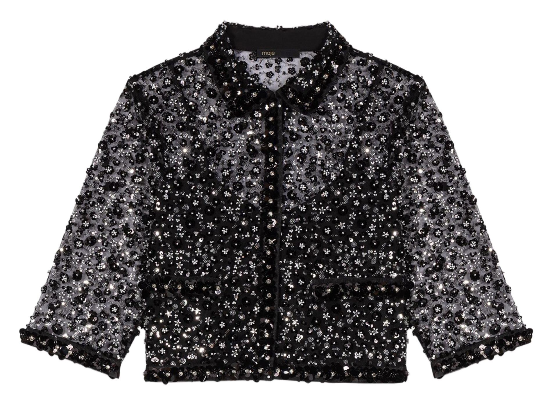 Top col classique en tulle brodé MAJE Noir