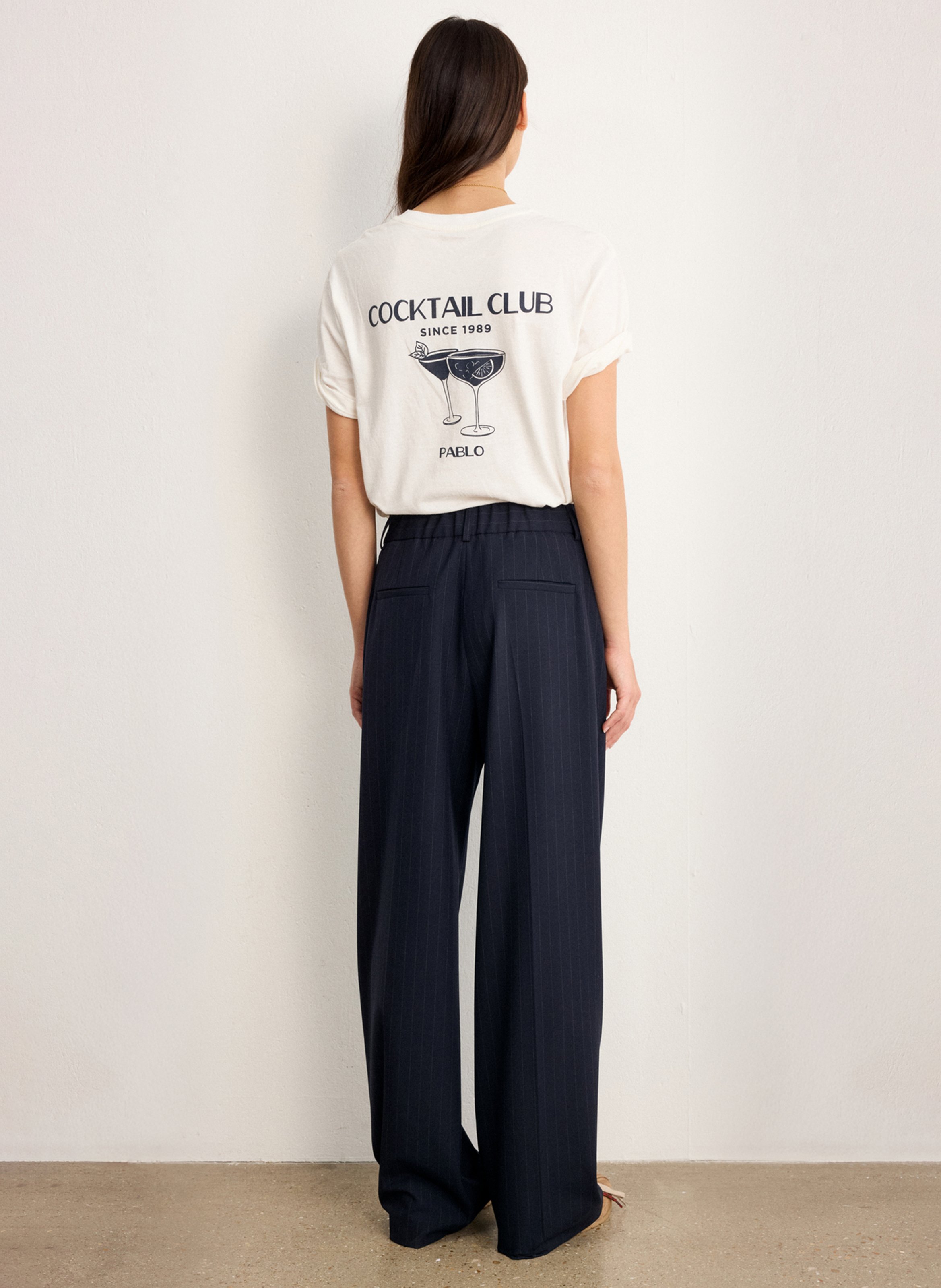 Rechte, gestreepte broek met hoge taille PABLO Blauw