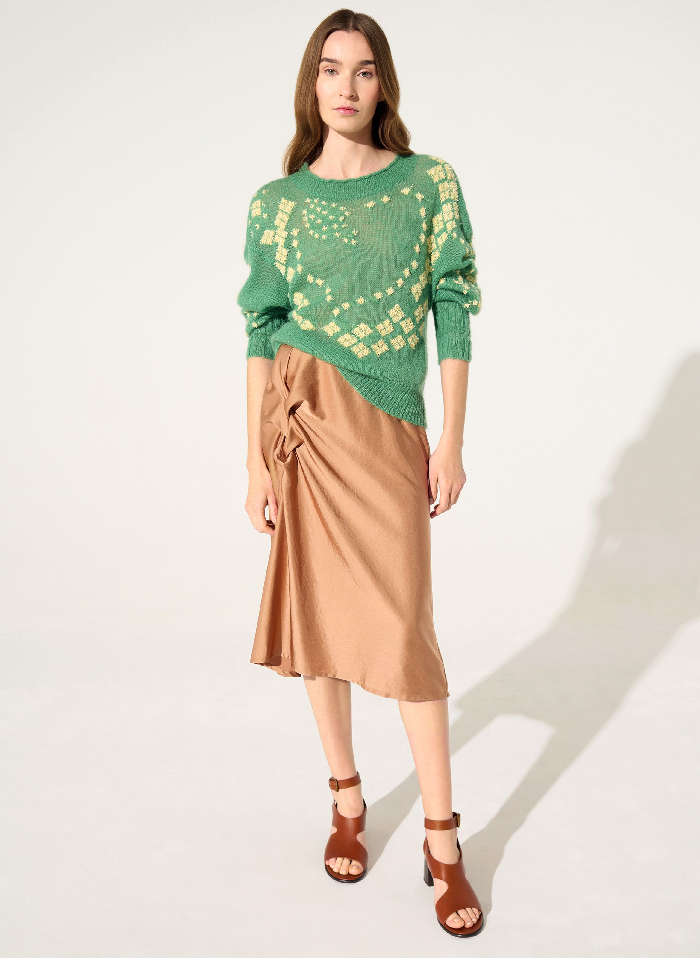 Oversized boat neck sweater with pattern COTELAC Green