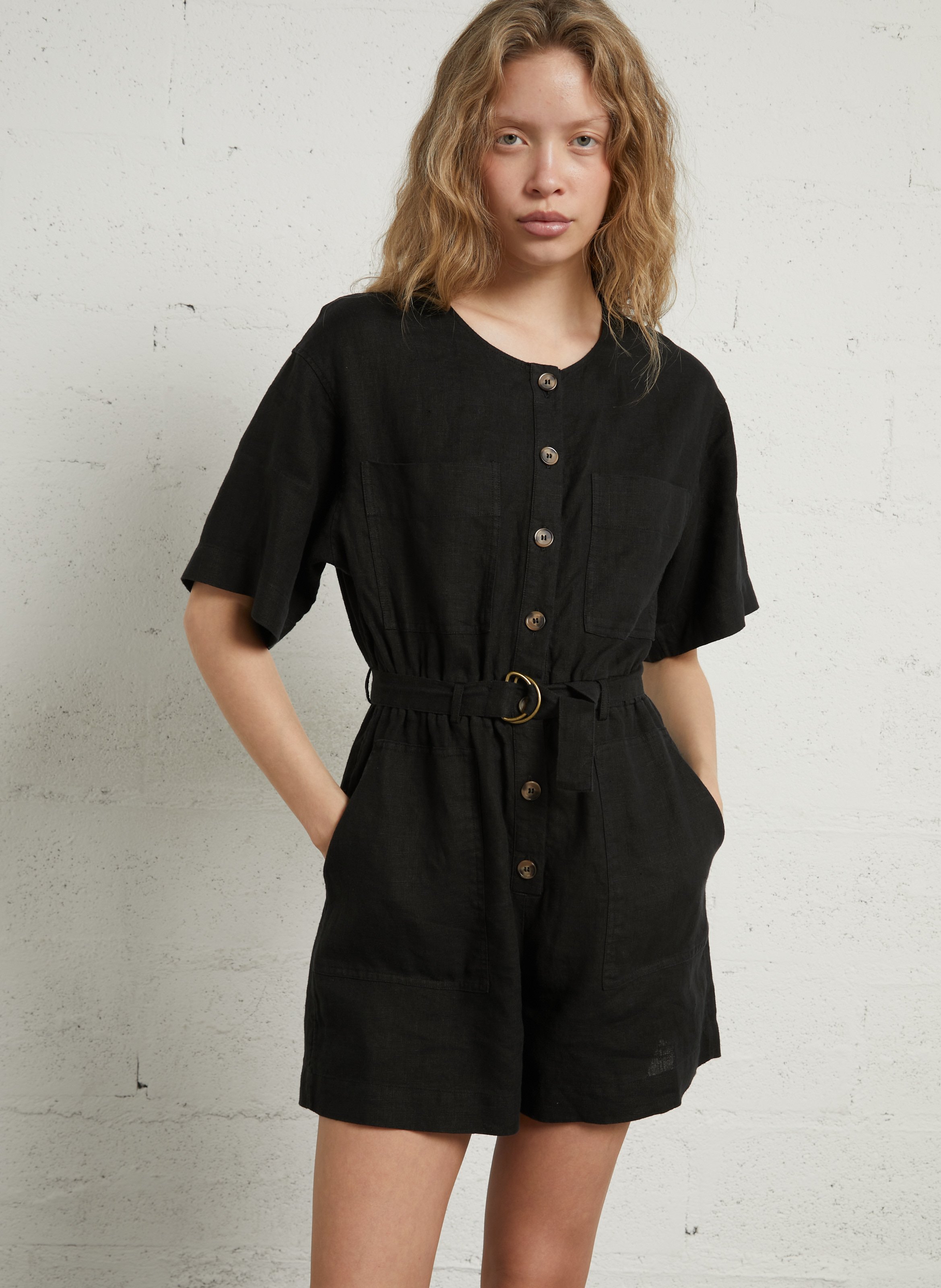 Combi short ample unie en lin DES PETITS HAUTS Noir