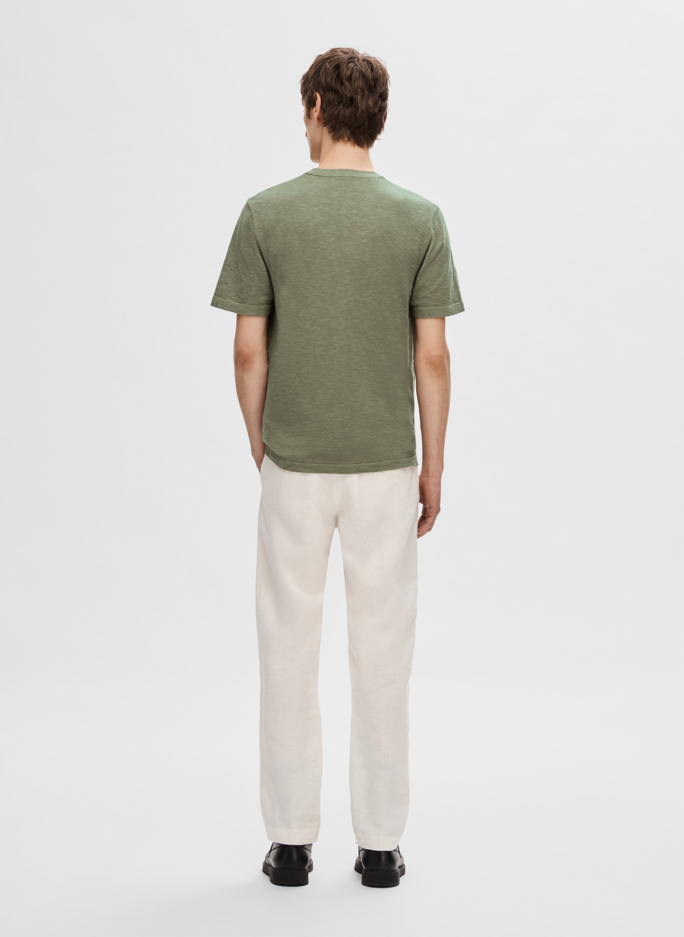 Straight cotton-blend round-neck T-shirt SELECTED Grey