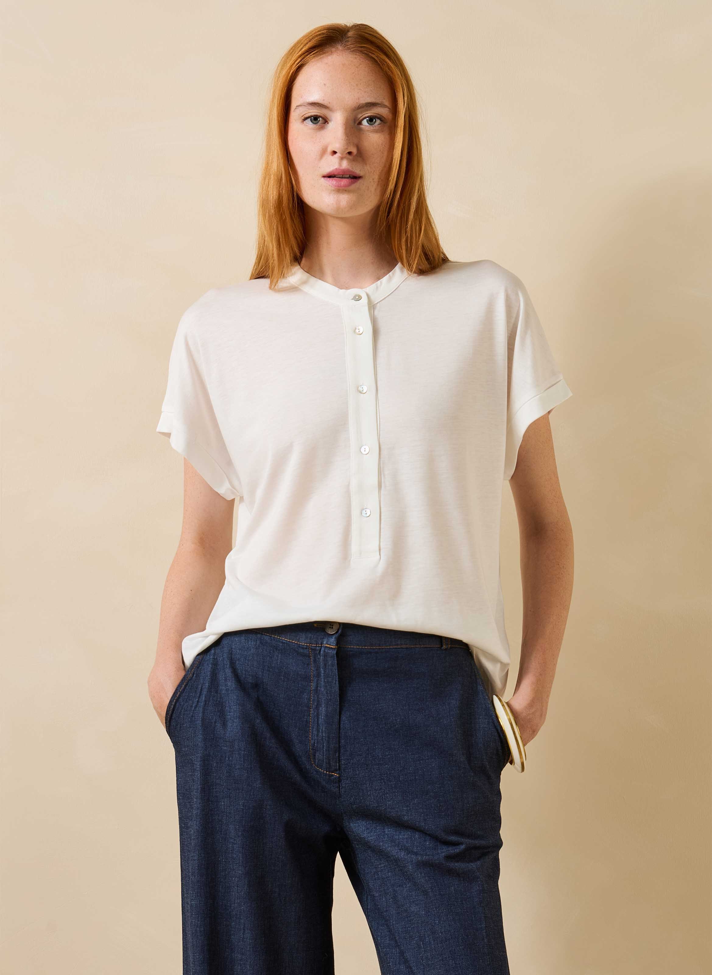 Kurzarm-Bluse mit Knopfleiste uni LA FEE MARABOUTEE