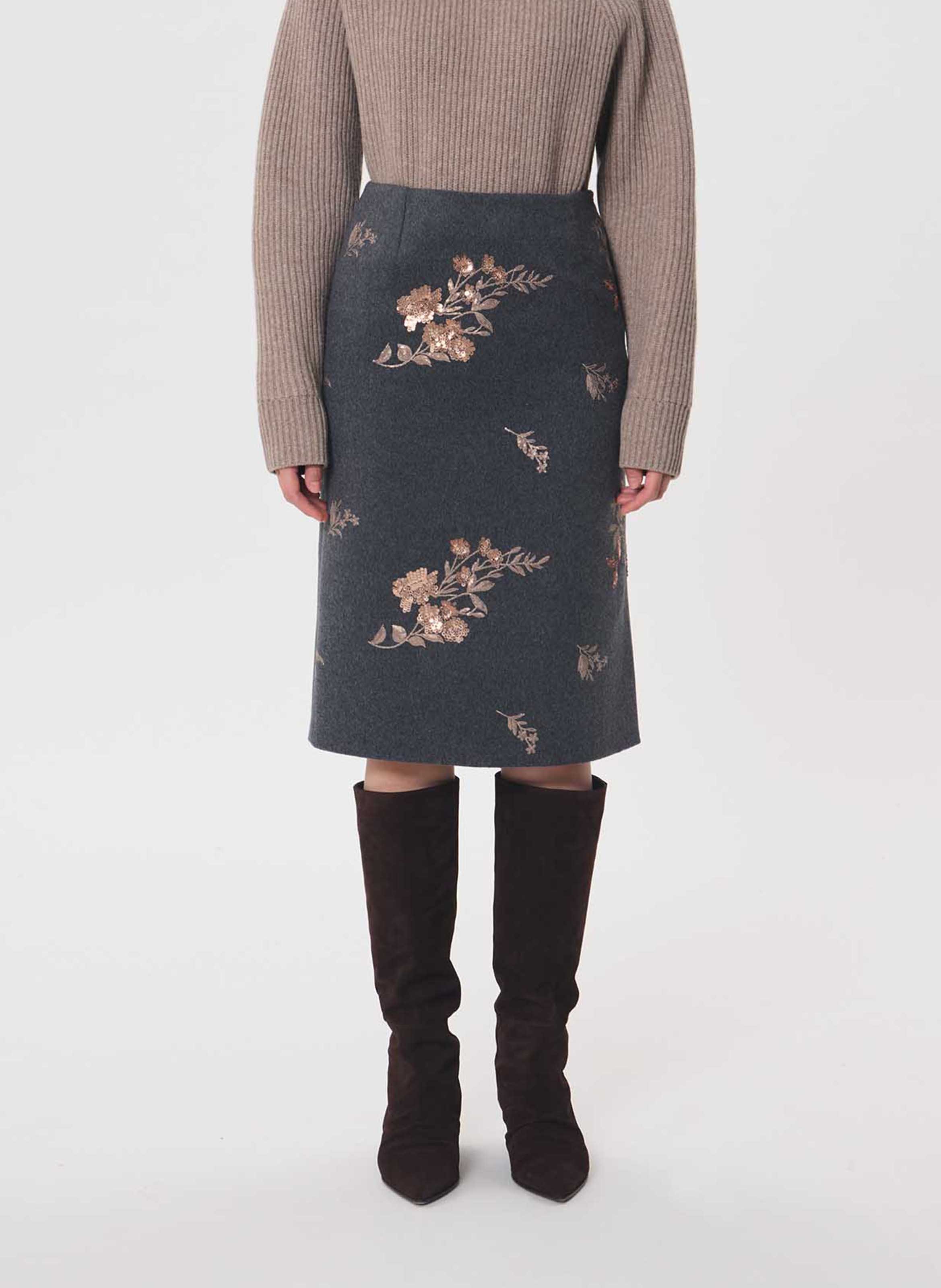Jupe midi à broderie florale TARA JARMON Gris