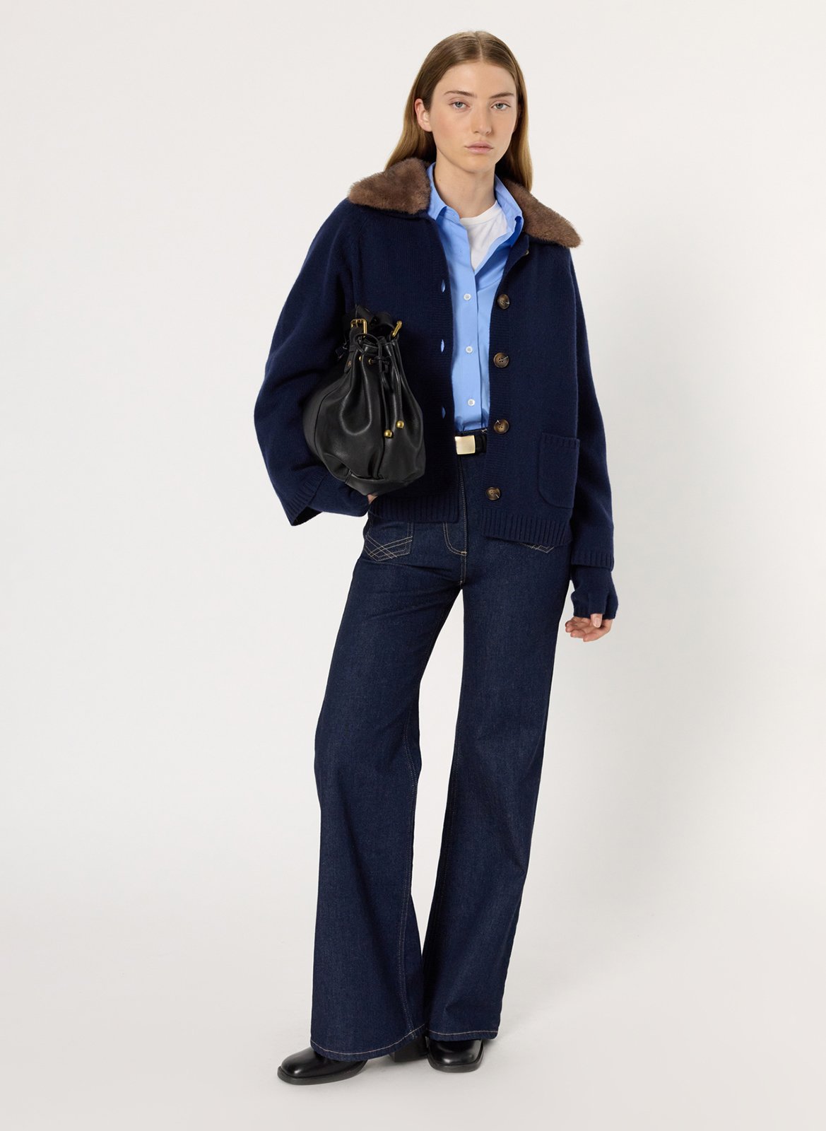 Gilet col effet fourrure en cachemire GERARD DAREL Bleu