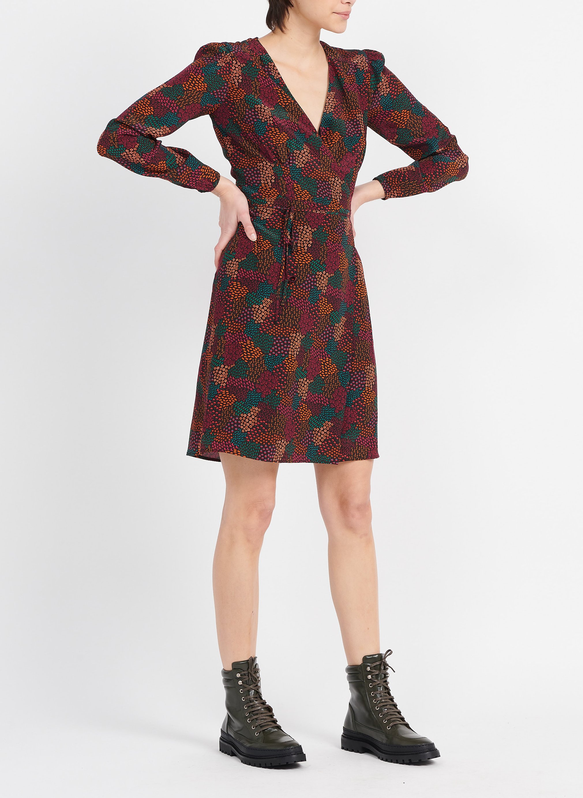Short printed silk V-neck dress SOI PARIS Brown