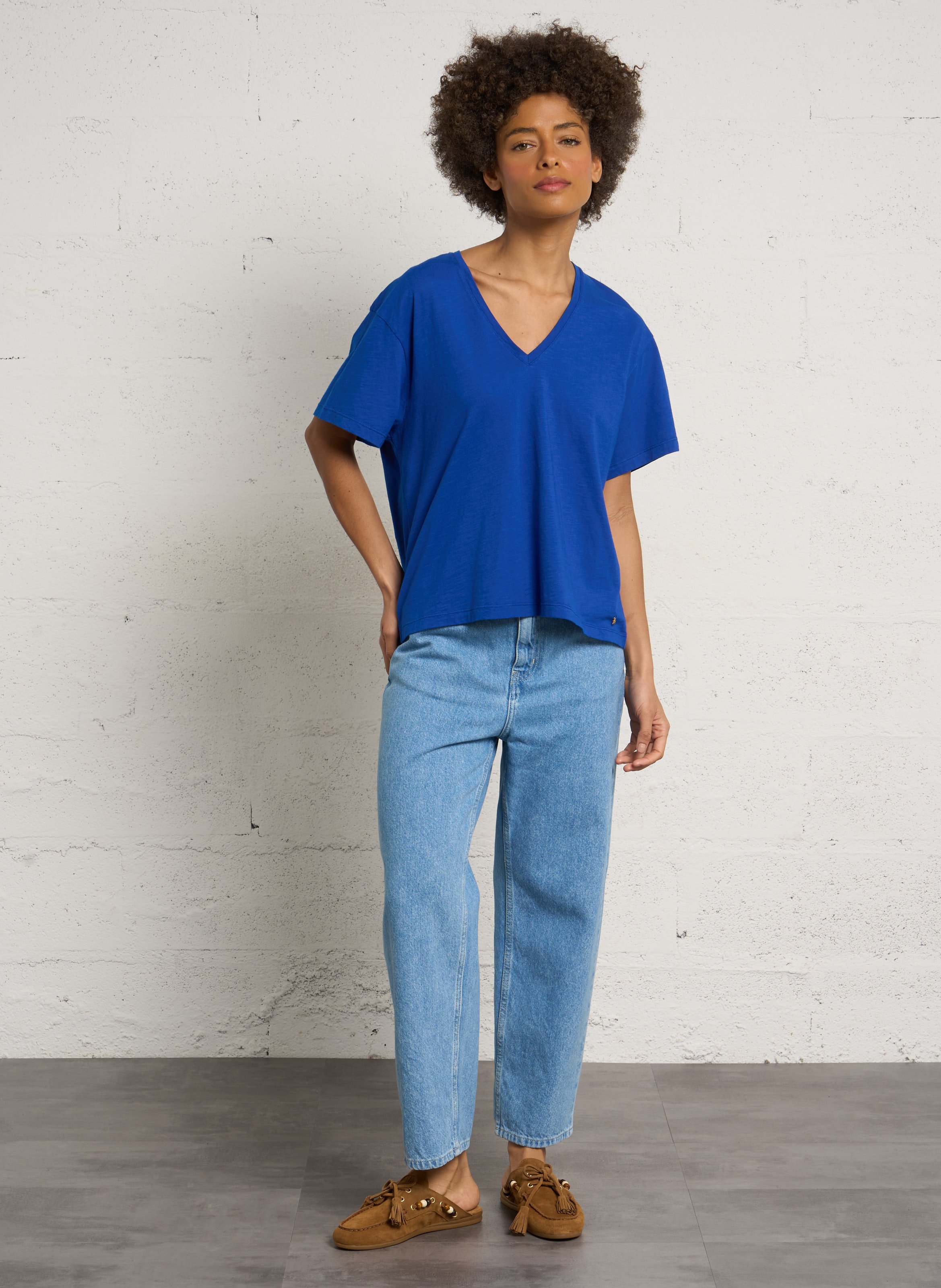 Weites Baumwoll-T-Shirt mit V-Ausschnitt DES PETITS HAUTS Blau