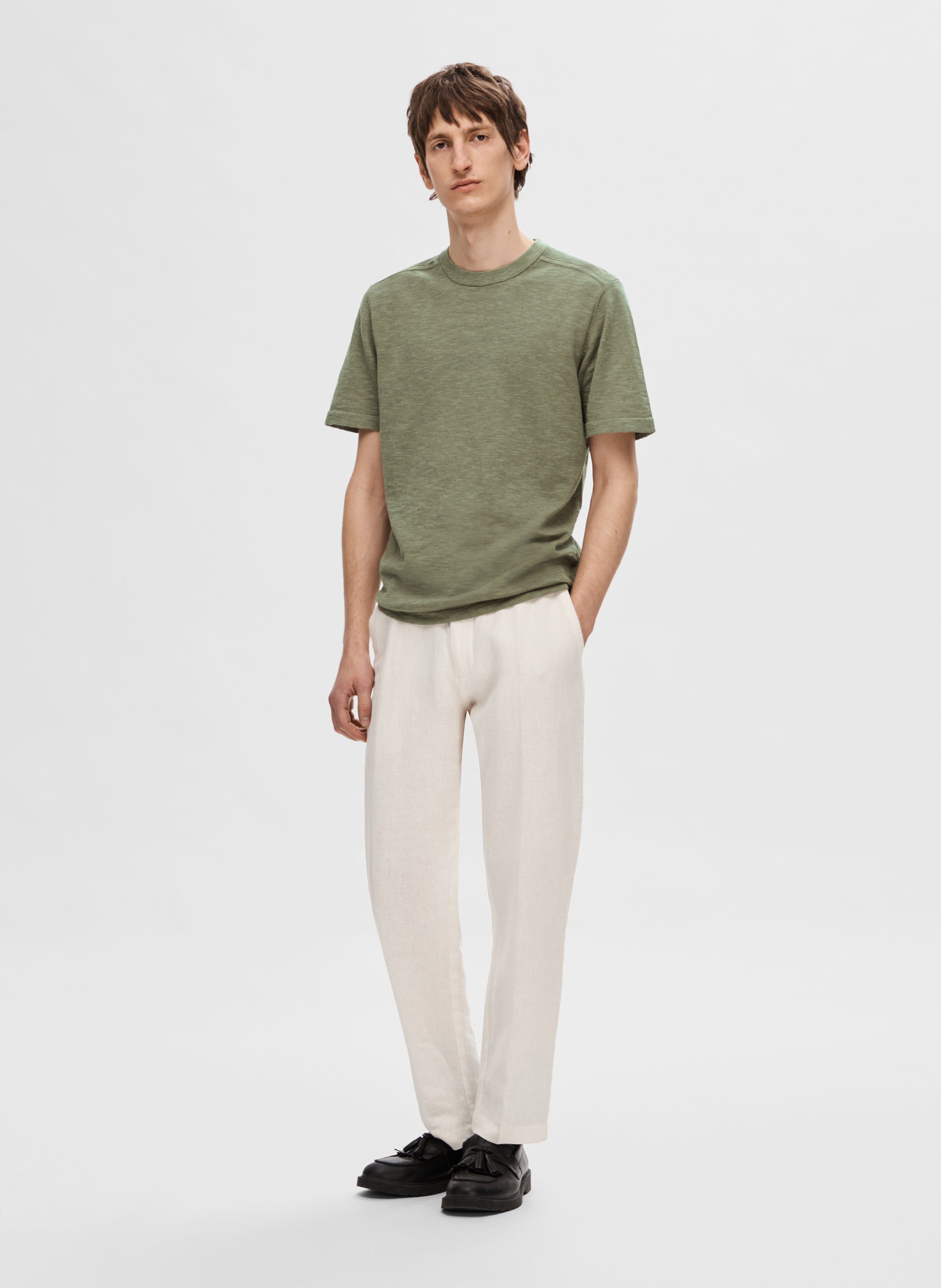 Straight cotton-blend round-neck T-shirt SELECTED Grey