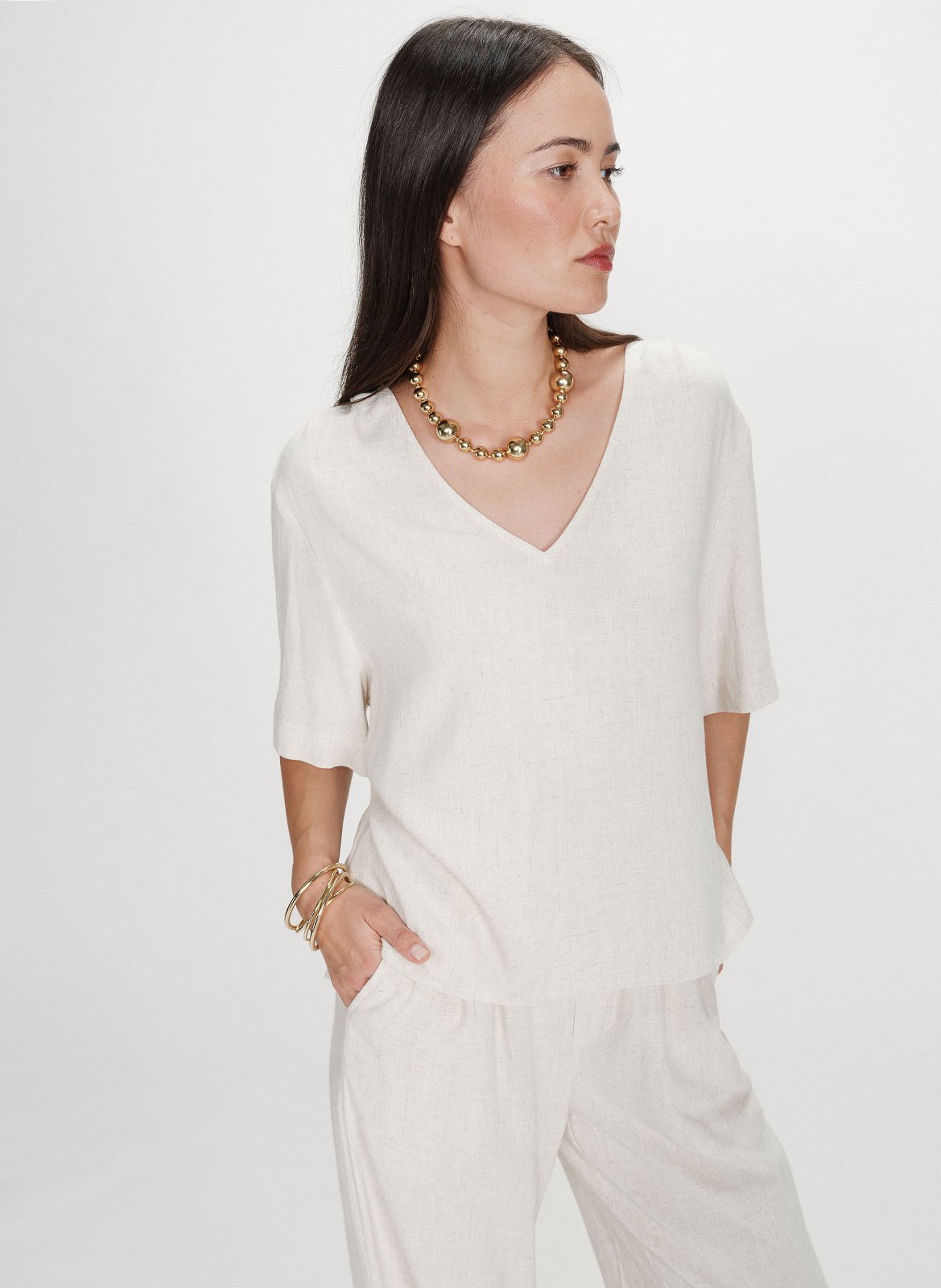 Top droit col V GRACE ET MILA Beige