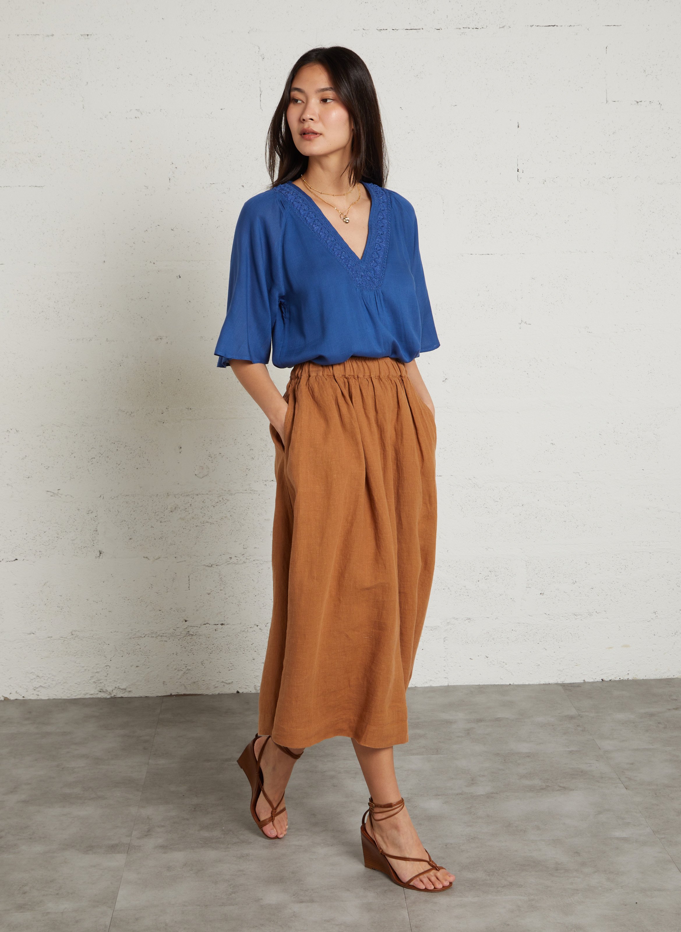 Uni linnen midi rok MAISON 123 Bruin