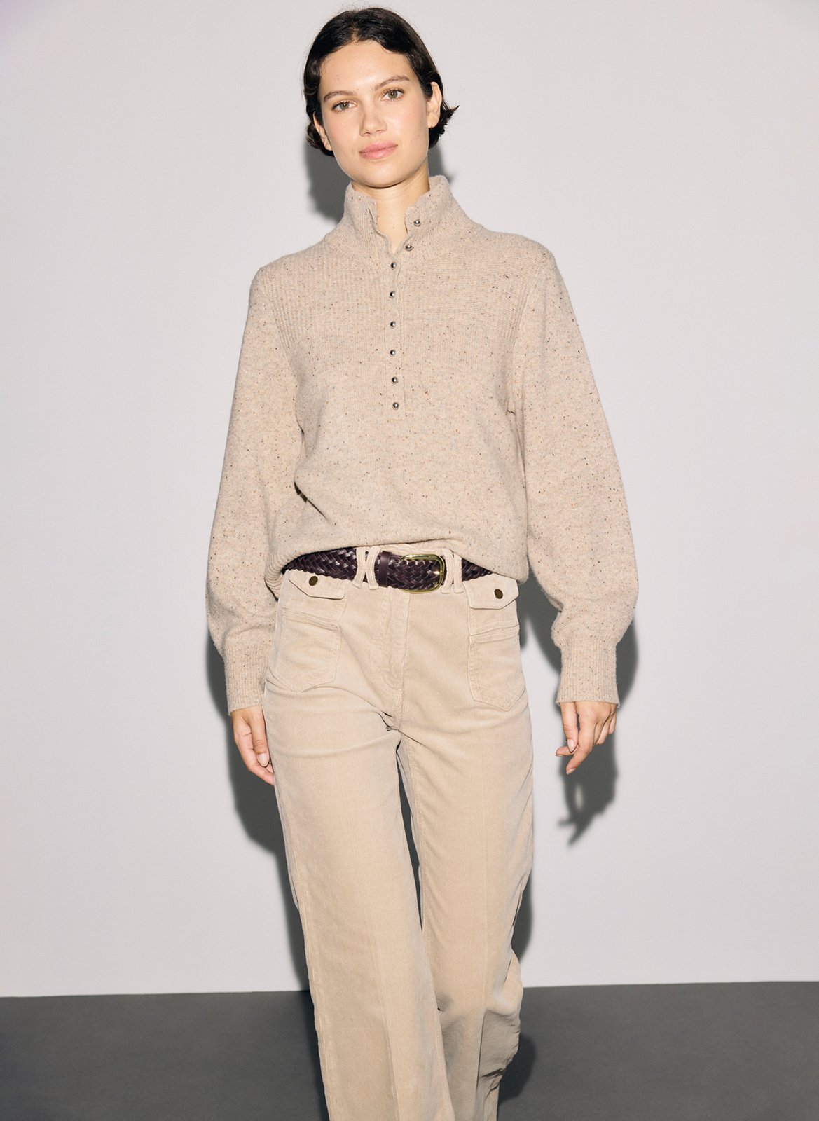Pull droit col montant boutonné en laine GERARD DAREL Marron